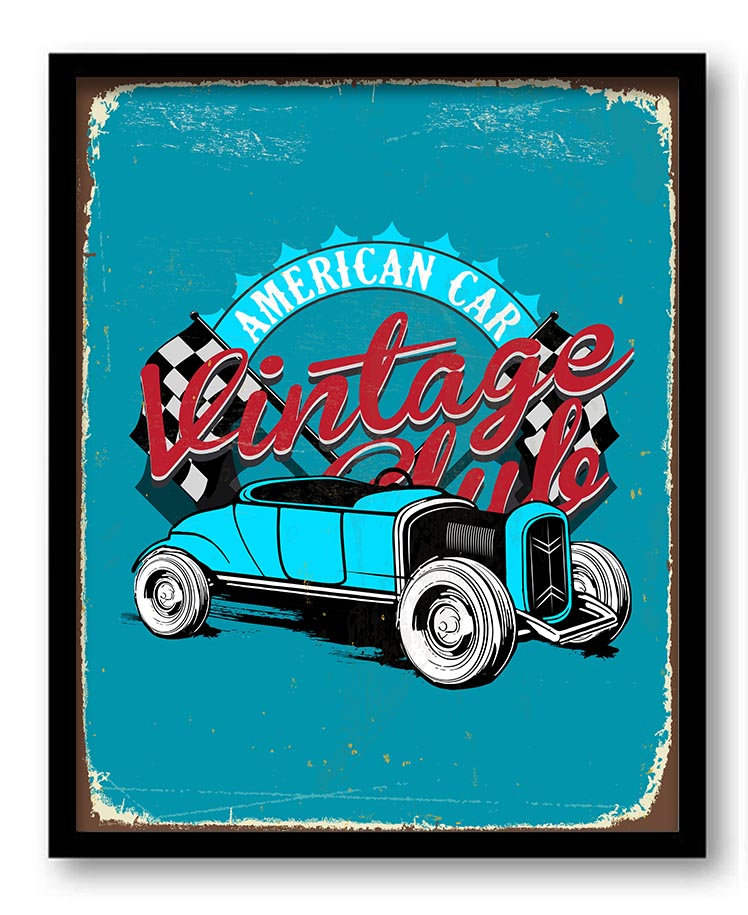 Vintage Retro Race Club American Club Americn Car Art Print Turquoise Blue Red White Grey Home Fun W