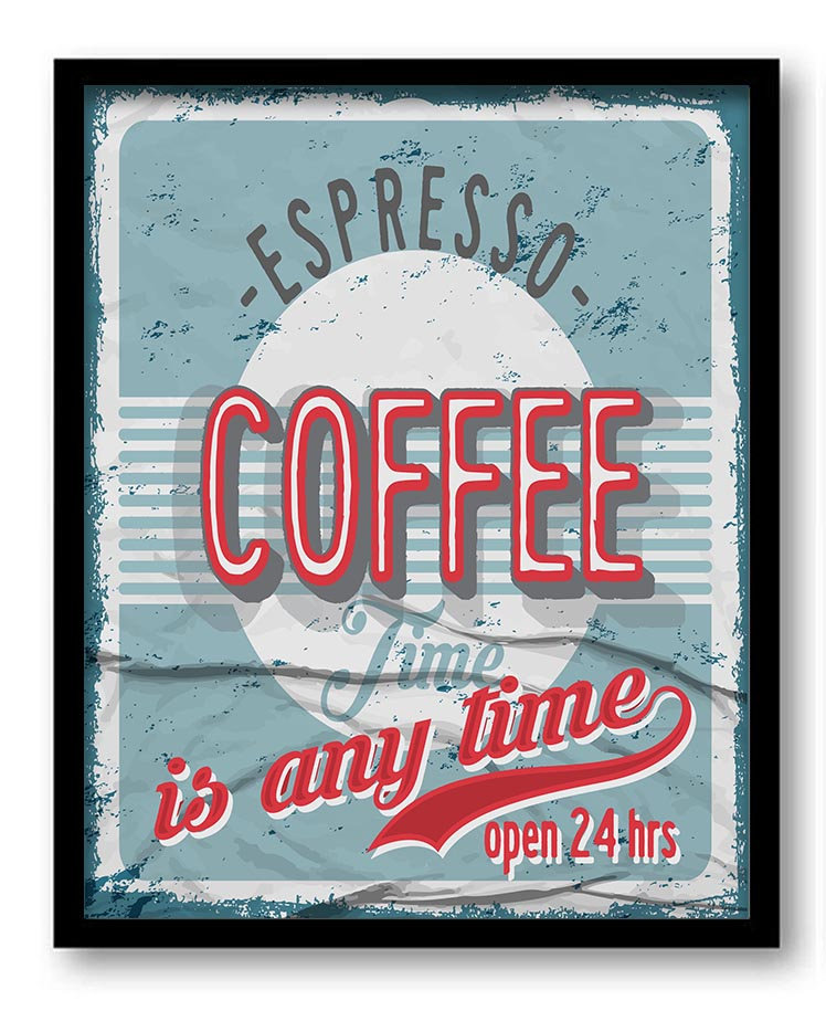 Vintage Retro Espresso Coffee Time Art Print Coffee Time is Any Time Teal Blue Red Grey Kitchen Wall