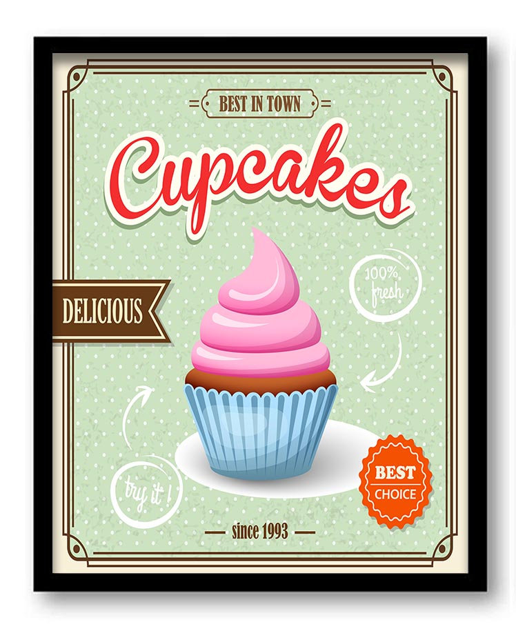 Vintage Retro Delicious Cupcakes Art Print Vanila Chocolate Strawberry Cupcake Mint Green Blue Beige