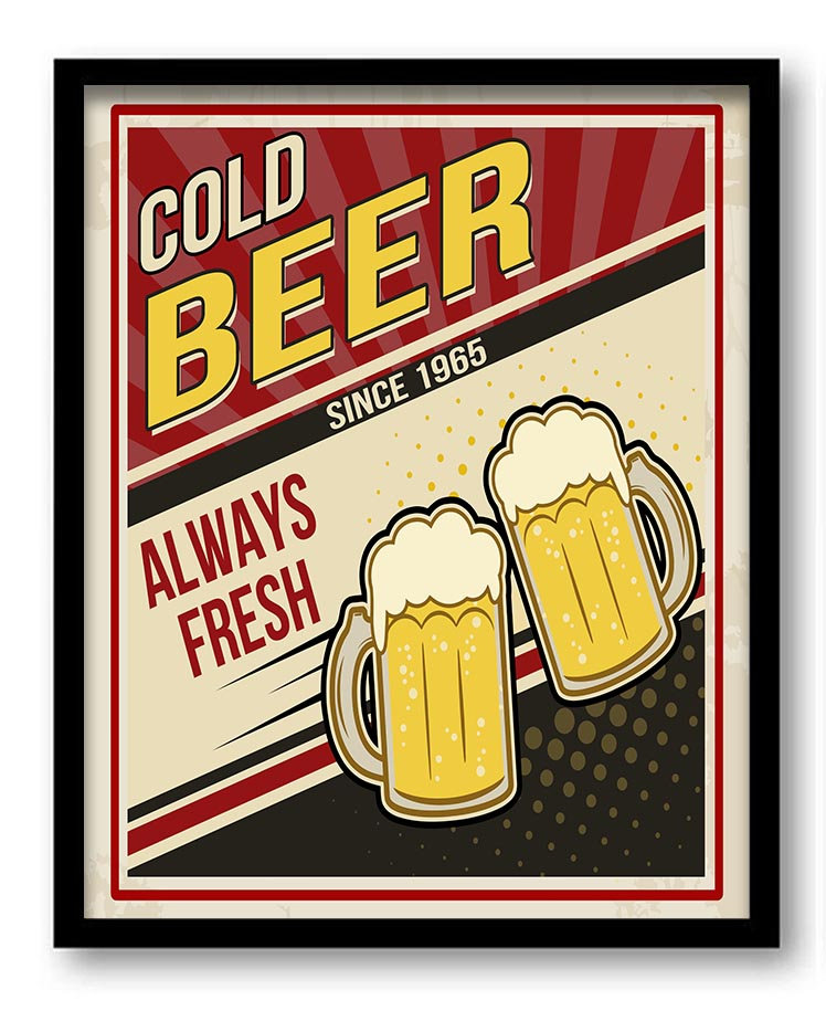 Retro Cold Beer Always Fresh Art Print Red Yellow Beige Black Fun Home Decor Bar Wall Art Vintage In