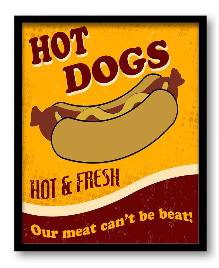 Vintage Hot Dogs Always Hot & Fresh Art Print - Red Yellow Beige Home Kitchen Fun Wall Decor Restaur