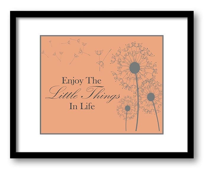 Enjoy the Little Things In Life Inspirational Quote Print Coral Grey Gray Art Poster Text Dandelion 