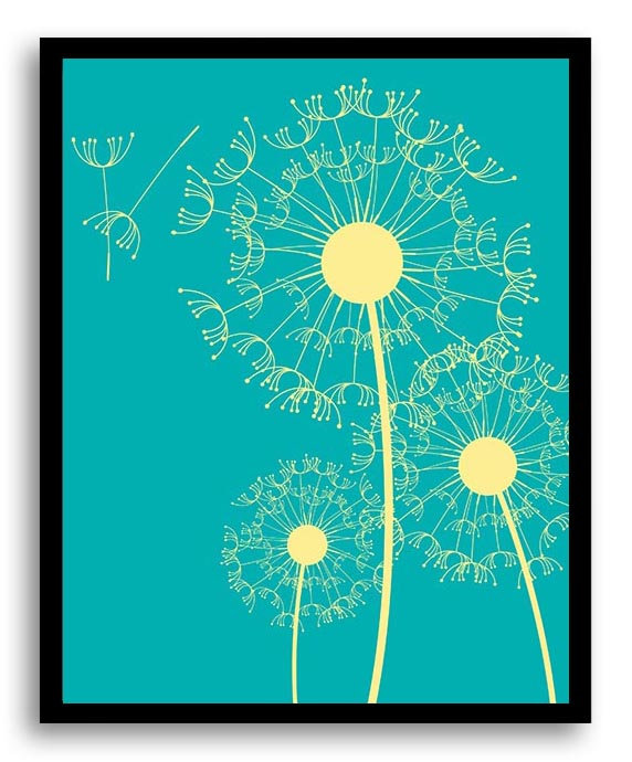 Yellow Teal Blue Dandelion Print Art Poster Text Bathroom Wall Decor Flower Wall Art Dandelion Art A