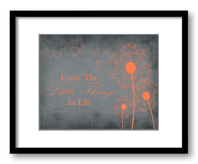 Enjoy the Little Things In Life Grey Orange Coral Dandelion Bathroom Art Print Parchment Wall Decor 