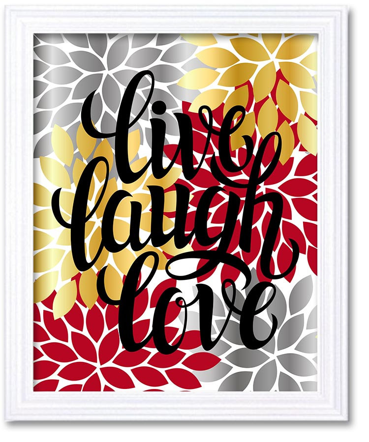 Home Decor Wall Art Bathroom Wall Decor Grey Silver Gold Cranberry Red Live Laugh Love Chrysanthemum