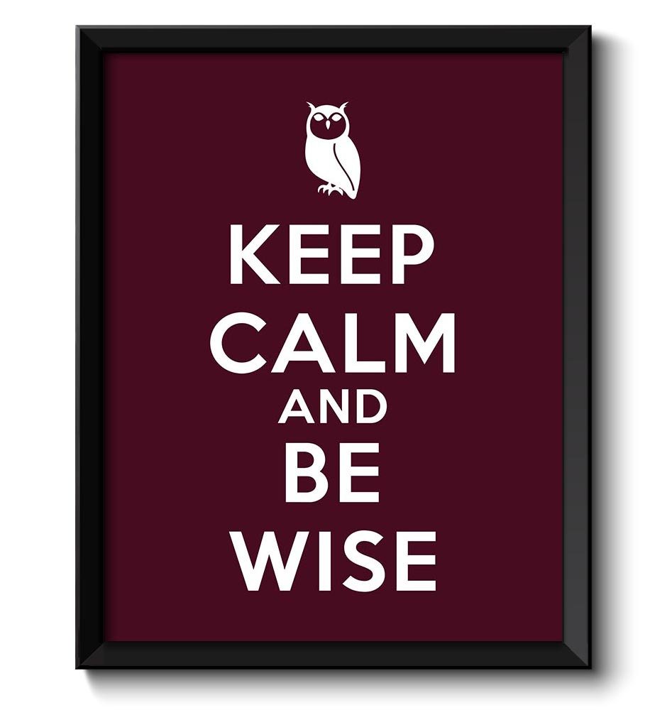 Keep Calm Poster Keep Calm and Be Wise White Red Burgundy Art Print Wall Decor Custom Stay Calm Owl 