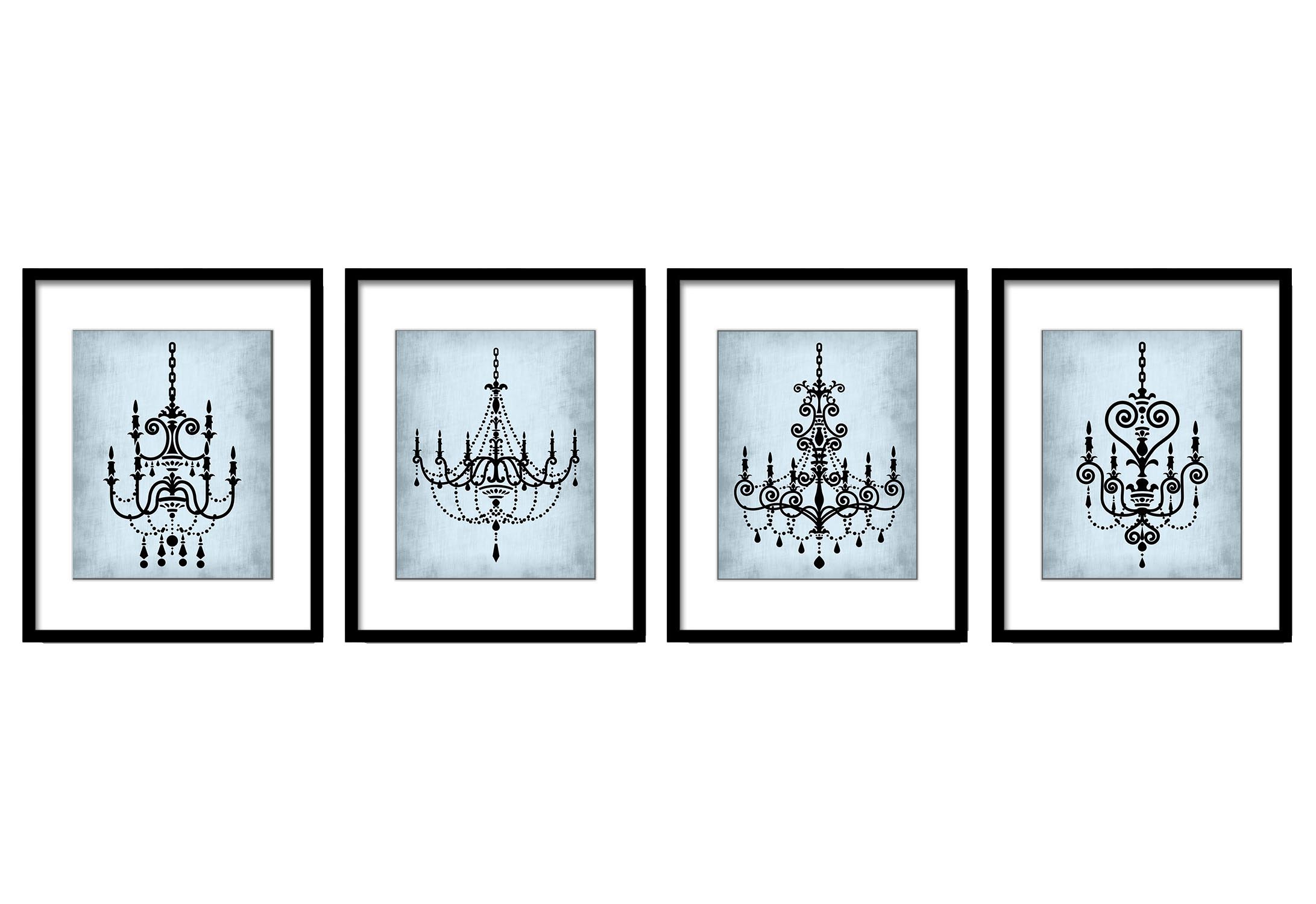 Blue Parchment Chandelier Vintage Style Set of 4 Prints Chandelier Art Old Antique Silhouette Printa