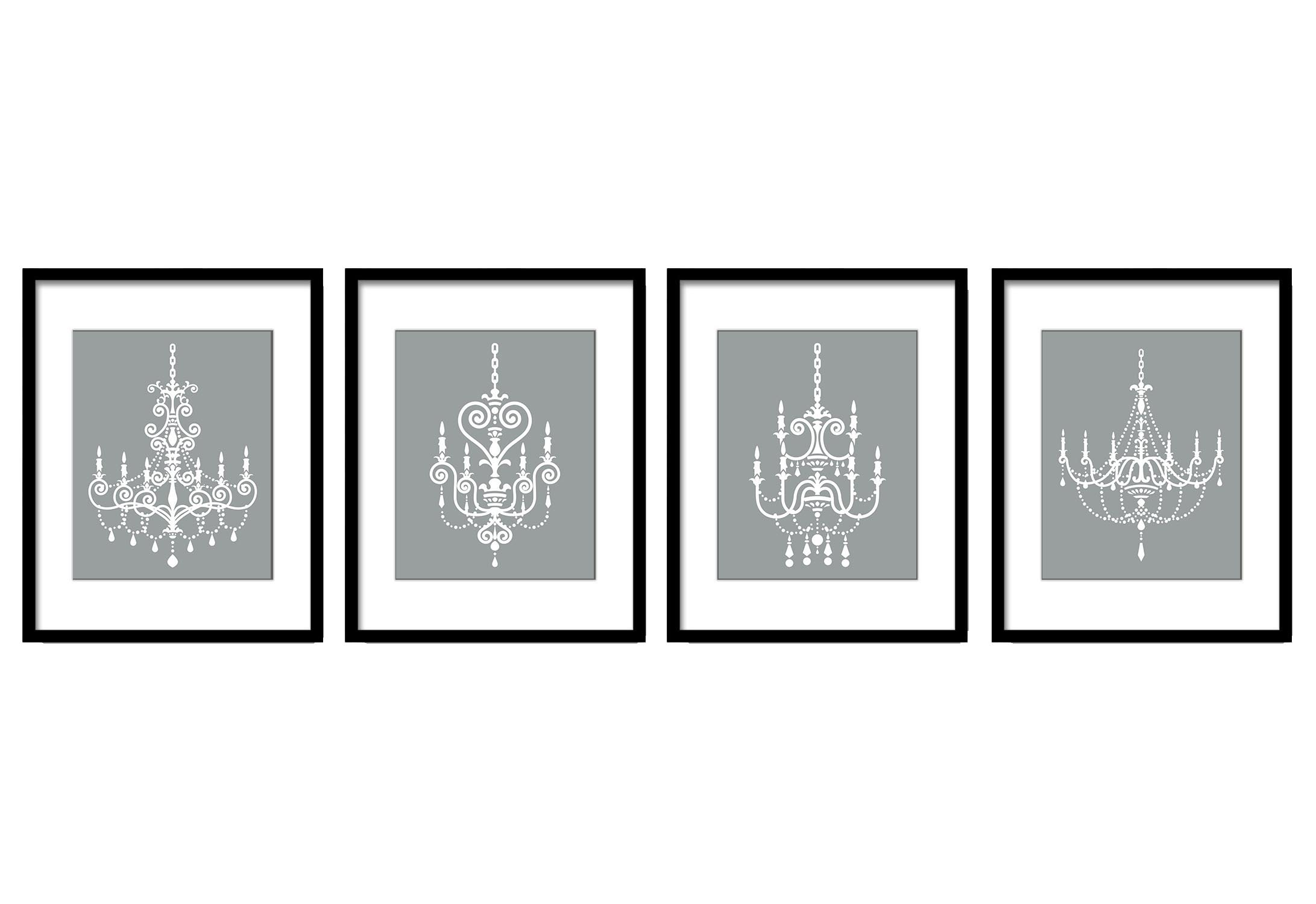 Grey White Chandelier Vintage Style Set of 4 Prints Chandelier Art Old Antique Silhouette Printable 