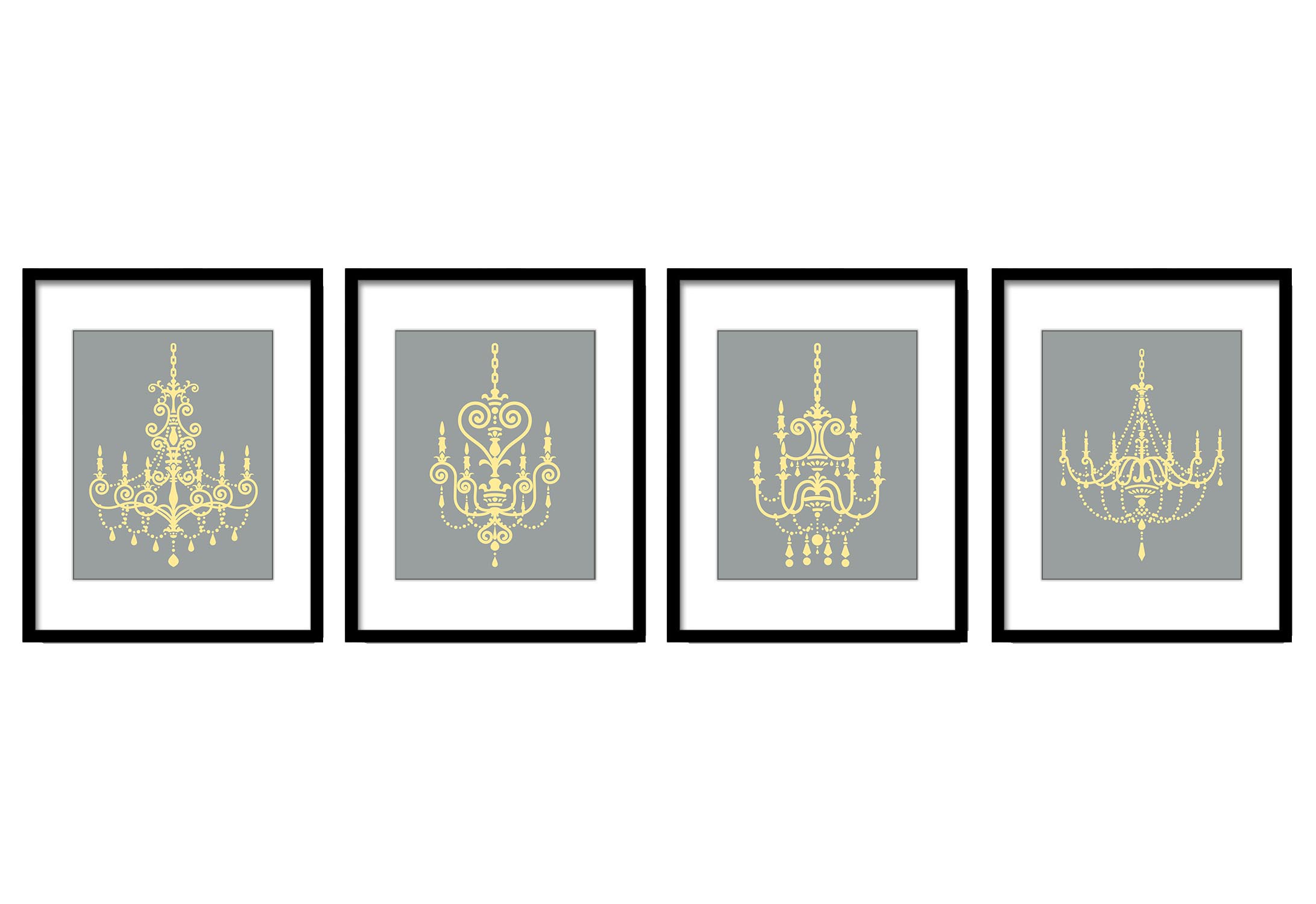 Grey Yellow Chandelier Vintage Style Set of 4 Prints Chandelier Art Old Antique Silhouette Printable