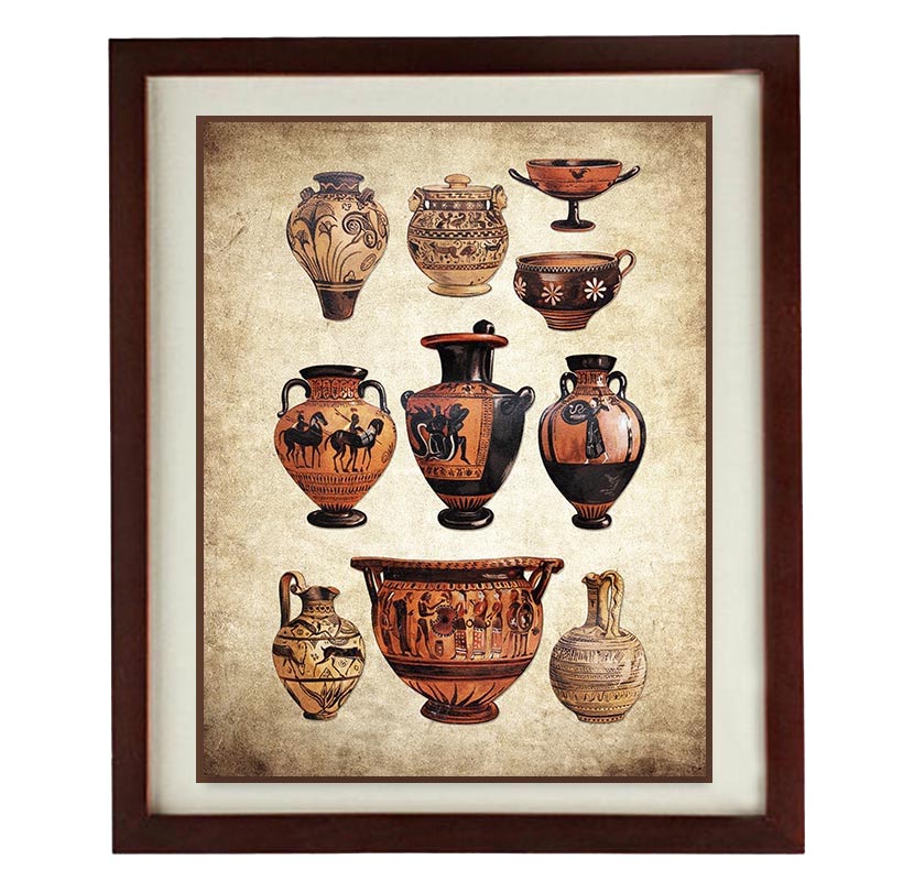 Ancient Terracotta Pots Art Print Parchment Paper Vintage Vases Old Book Page Style Antique Artifact