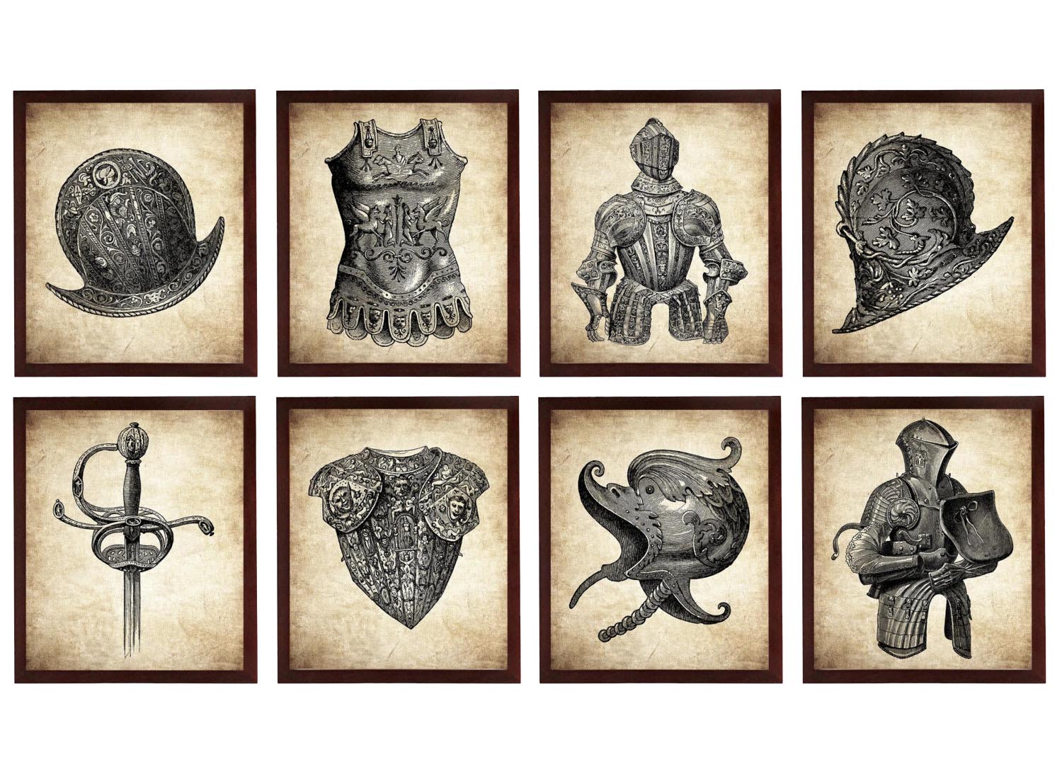 Medieval Armour Vintage Style Set of 8 Print Sword Knight Art Print Parchment Paper Style Old Antiqu