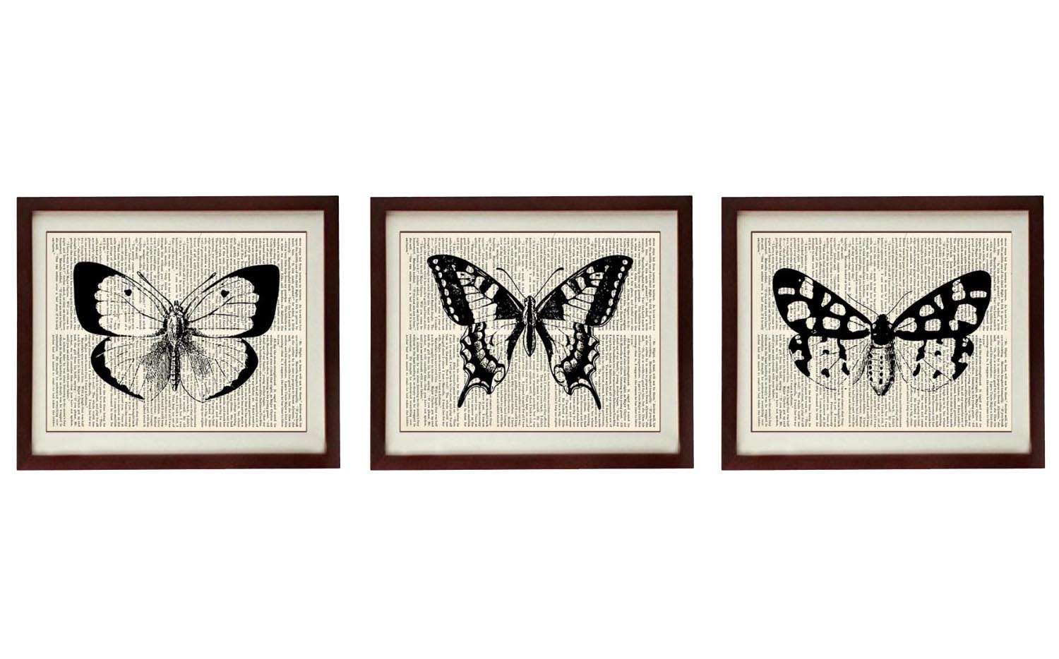 Butterflies Vintage Style Print Set of 3 Prints Butterfly Art Print Book Page Dictionary Old Antique