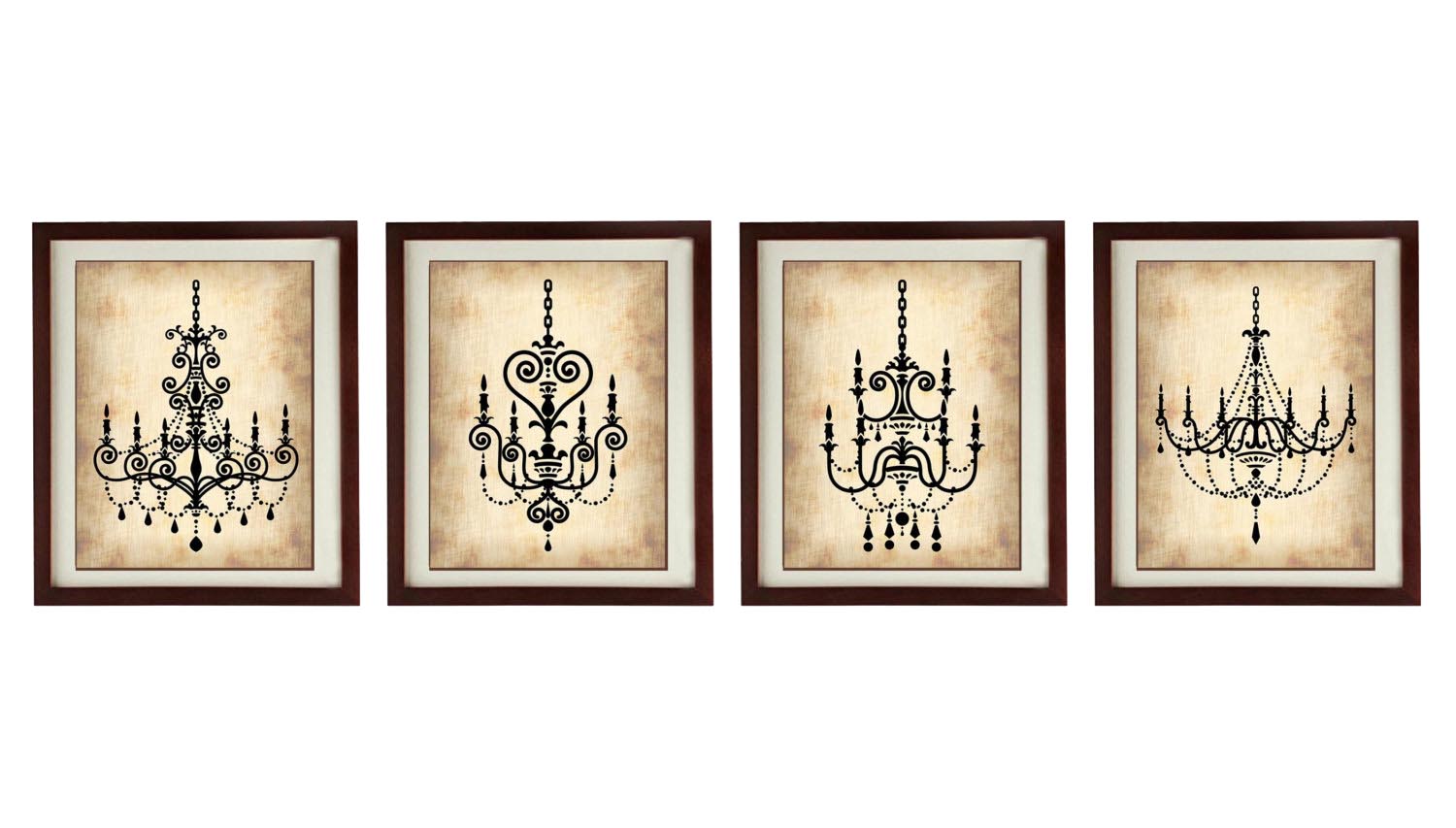 Chandelier Vintage Style Set of 4 Prints Chandelier Art Print Parchment Paper Style Old Antique Silh