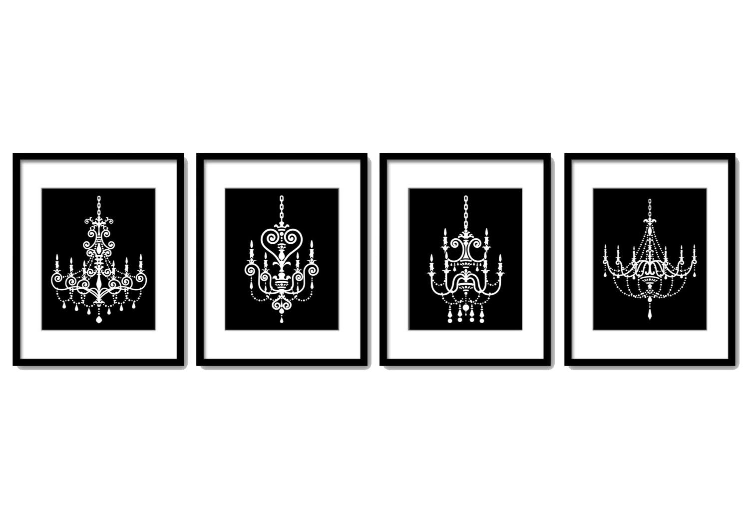 Black White Chandelier Vintage Style Set of 4 Prints Chandelier Art Old Antique Silhouette Printable