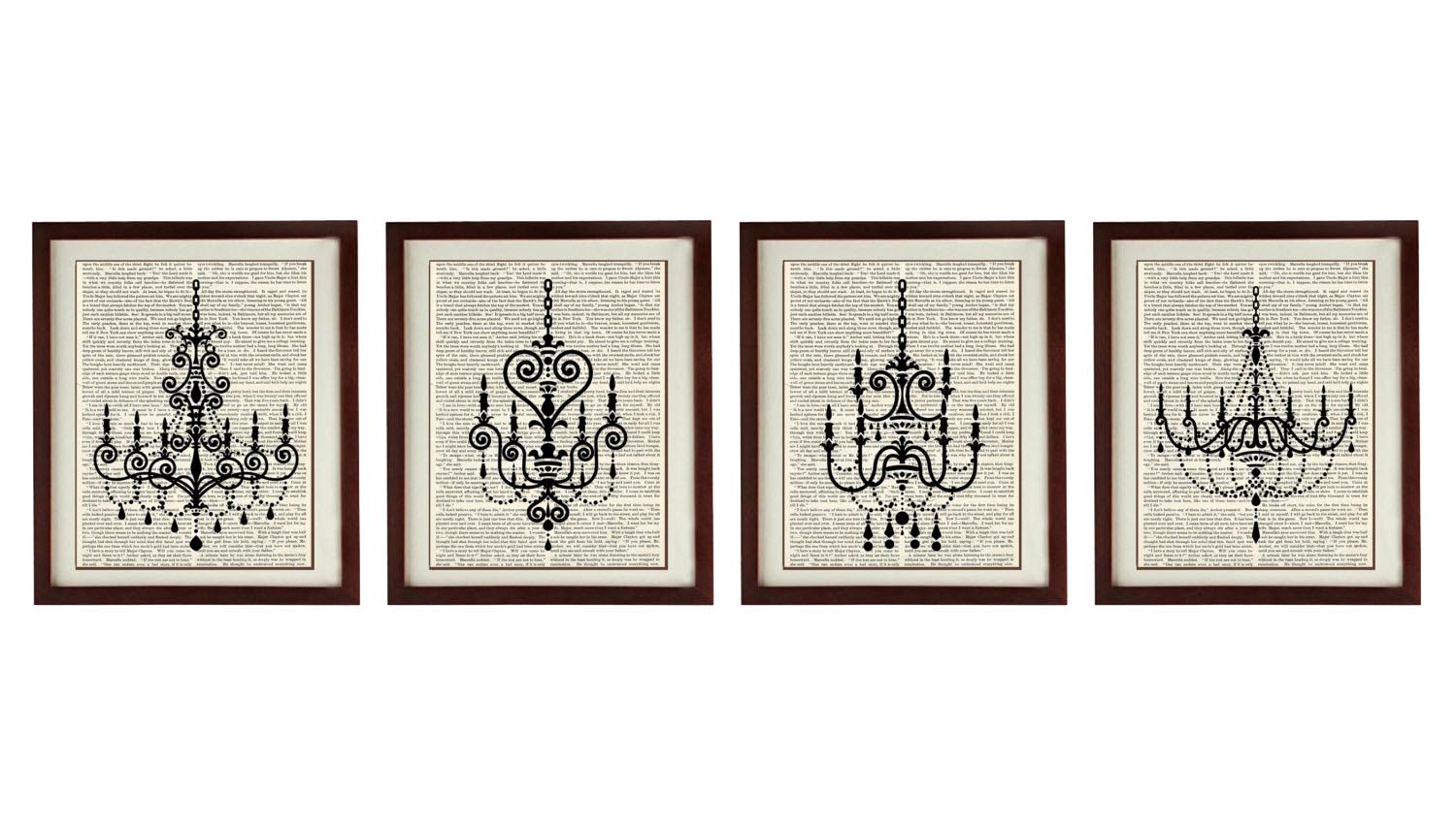 Chandelier Vintage Style Set of 4 Prints Chandelier Art Print Book Page Dictionary Old Antique Silho