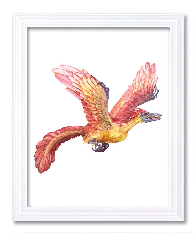 Archaeopteryx Watercolor Dinosaur Print Red Beige Dinosaur Wall Art Children Nursery Art Poster Home