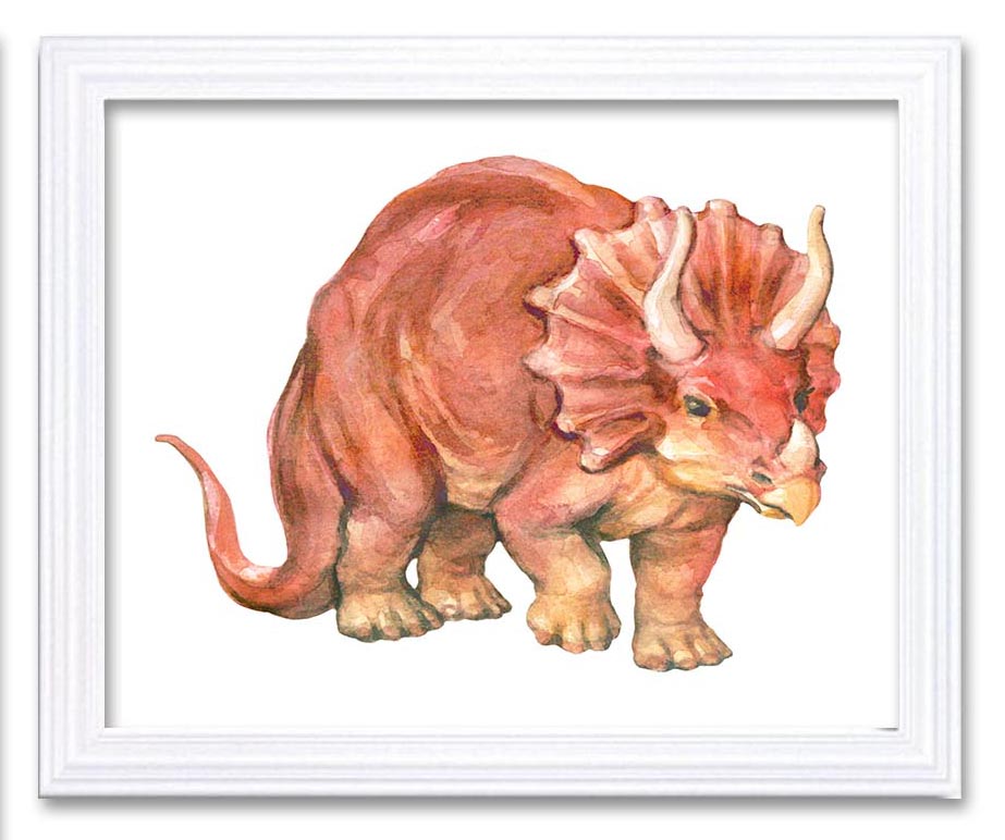 Triceratops Watercolor Dinosaur Red Beige Print Dinosaur Wall Art Children Nursery Art Poster Home D