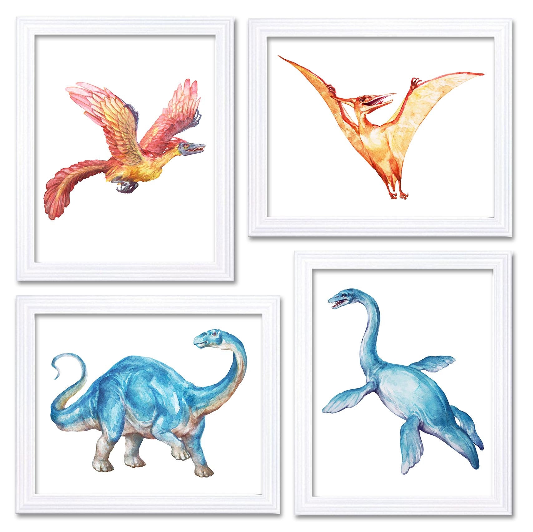 Watercolor Dinosaur Print Dinosaur Wall Art Set of 4 Children Nursery Art Poster Home Decor Yellow B