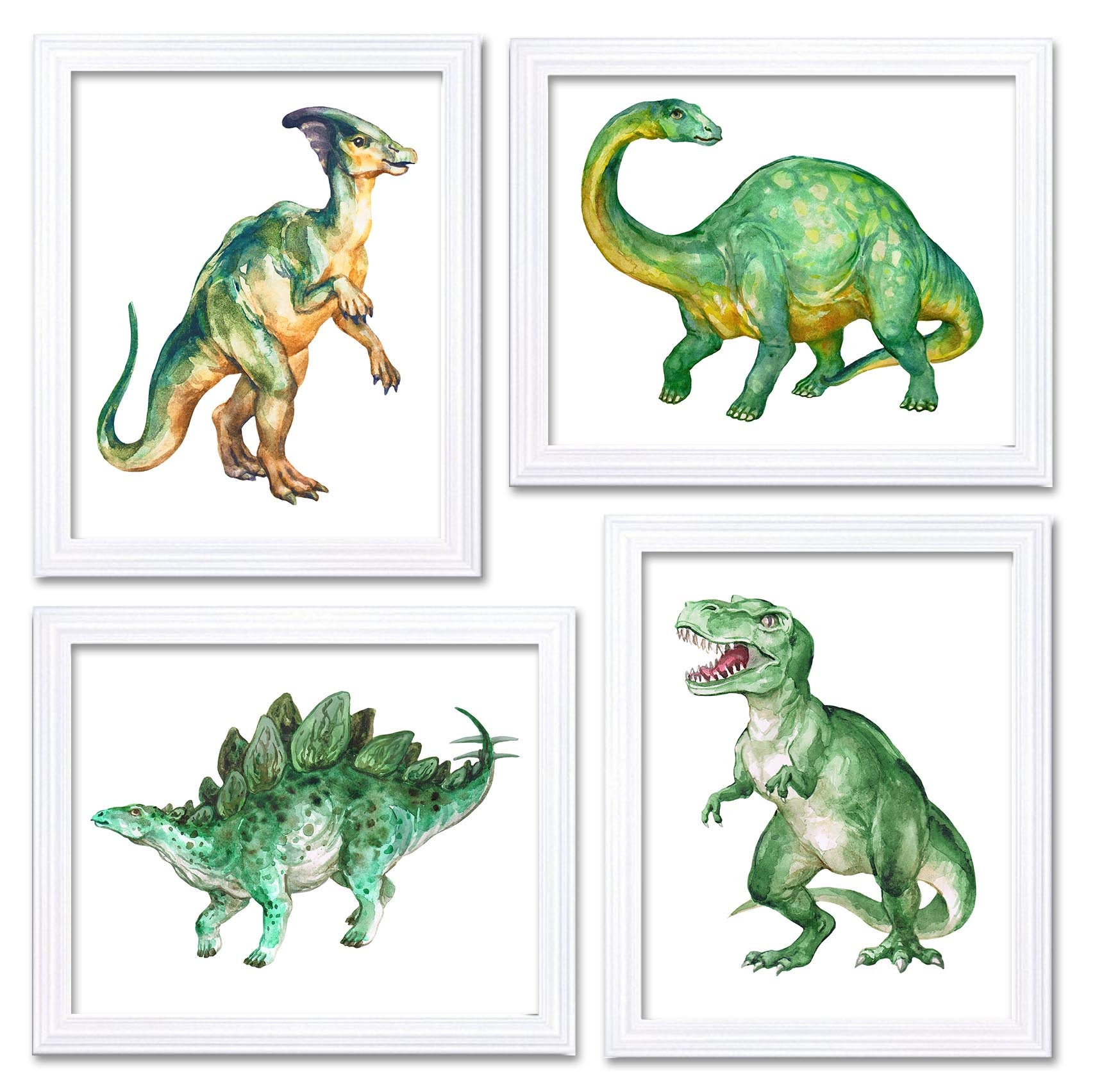 Watercolor Dinosaur Prints Dinosaur Wall Art Set of 4 Children Nursery Poster Home Wall Decor Green 