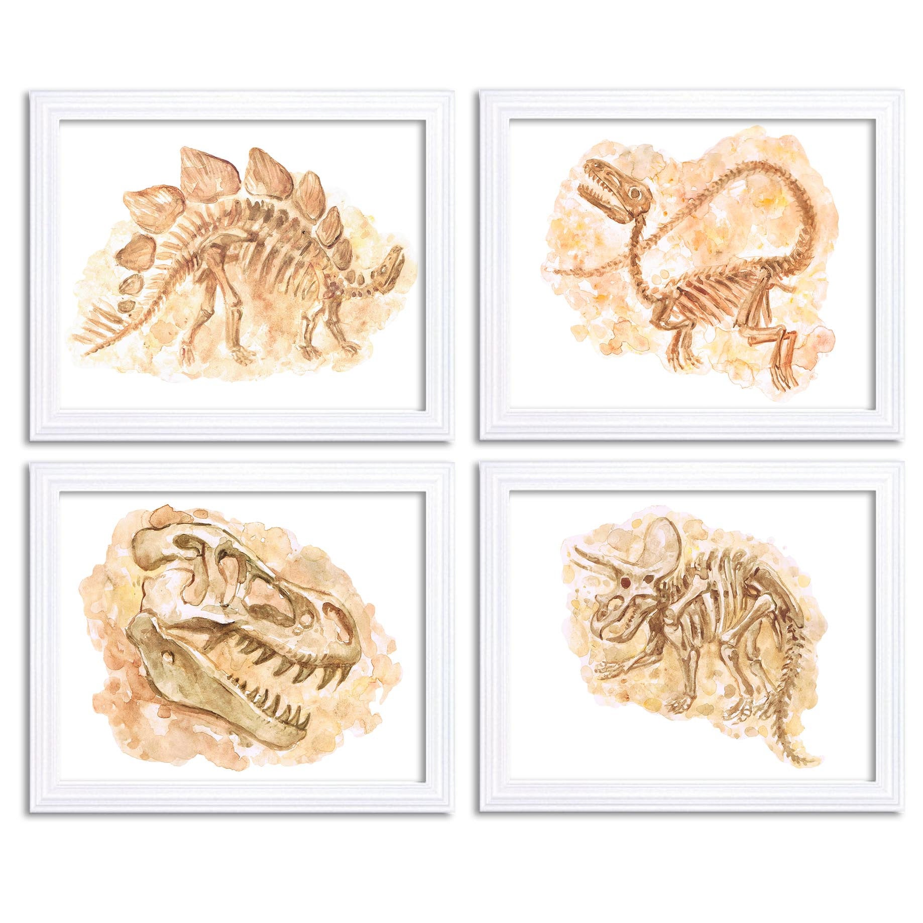 Watercolor Dinosaur Fossils Prints Dinosaur Bones Wall Art Set of 4 Children Nursery Poster Home Wal