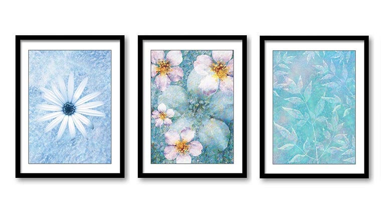 White Blue Flowers Leaves Set of 3 Bathroom Art Print Colorful Elegant Watercolor Painting Wall Deco