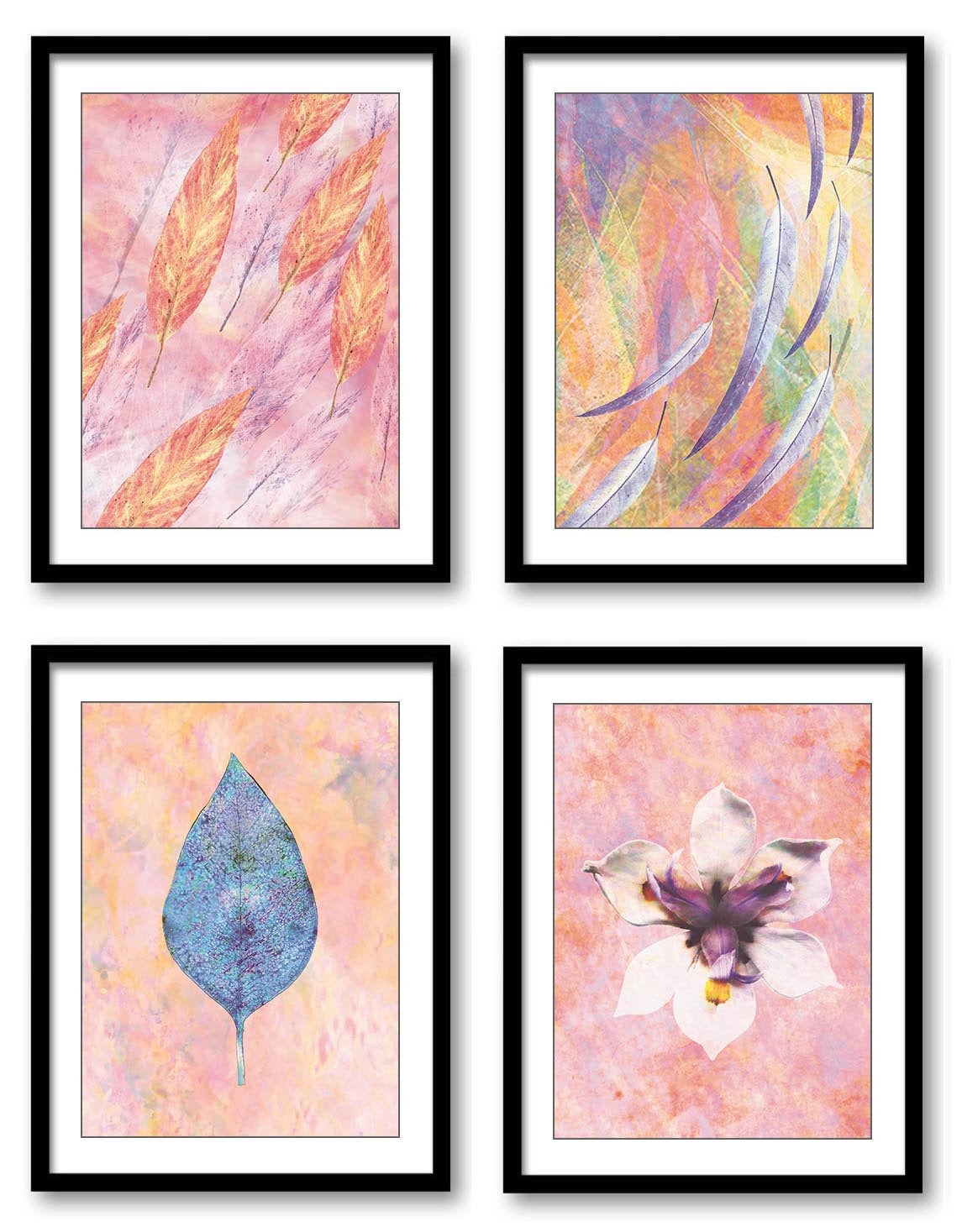 Pink Coral Flowers Leaf Leaves Bathroom Art Print Colorful Set of 4 Elegant Watercolor Painting Wall