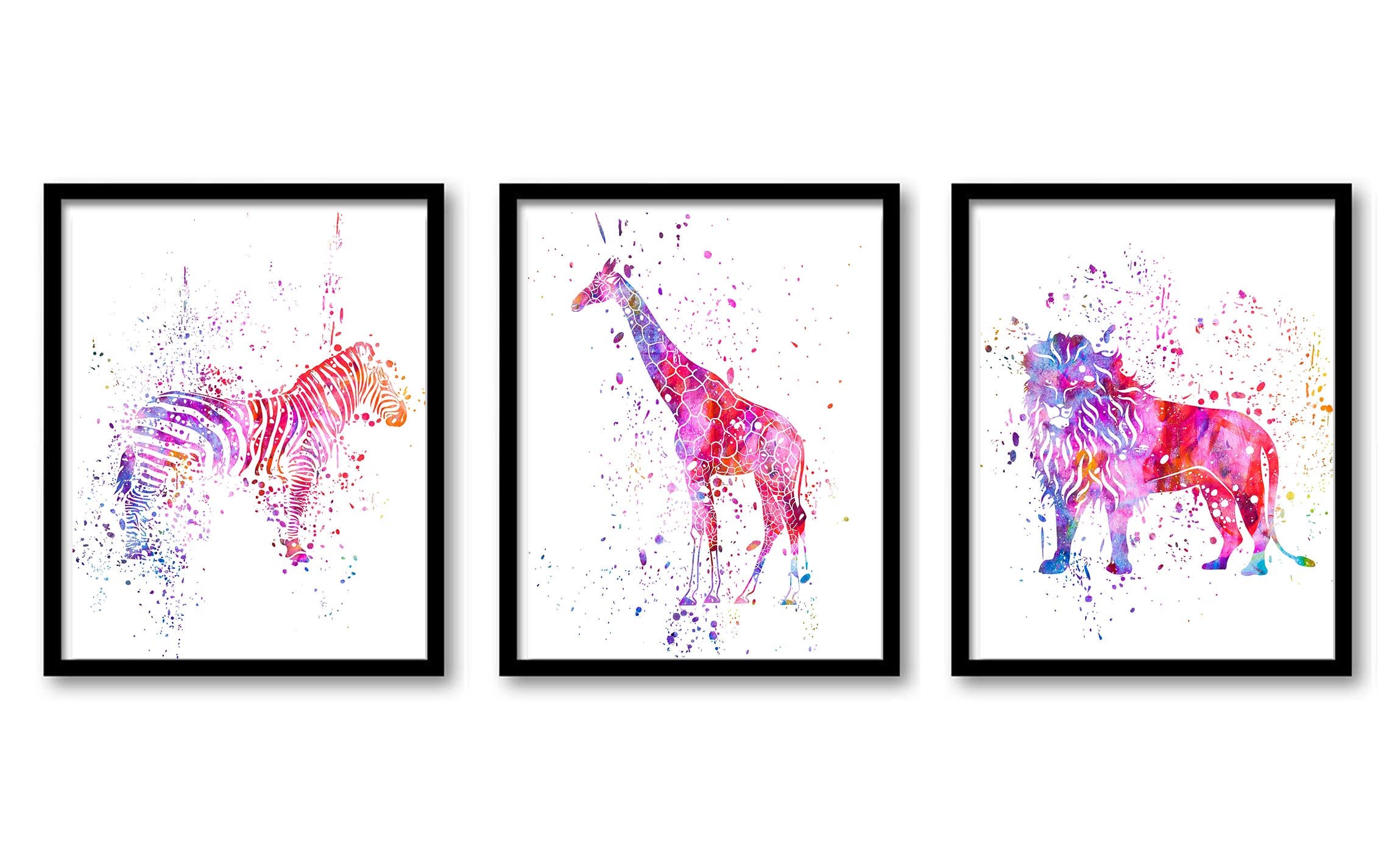 Zebra Lion Giraffe Wall Art Watercolor Painting Prints Set of 3 Pink Purple Red Blue Home Safari Hom