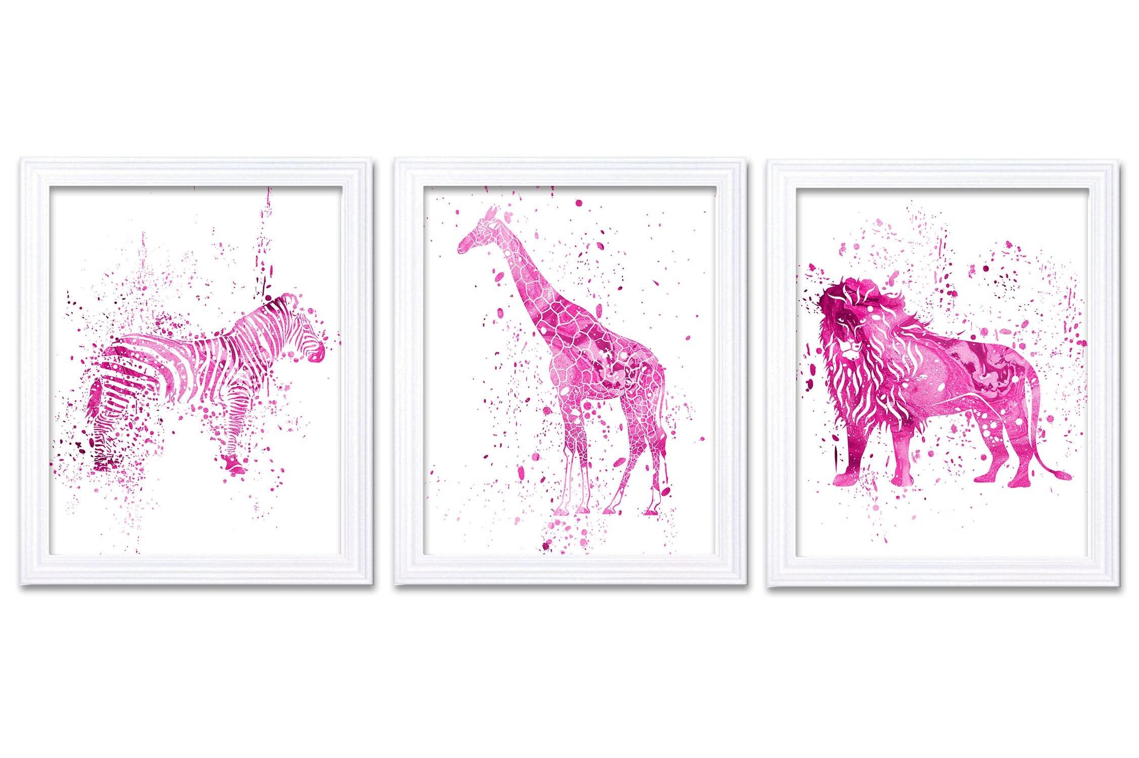 Zebra Lion Giraffe Wall Art Watercolor Painting Prints Set of 3 Hot Pink Girls Room Home Safari Home