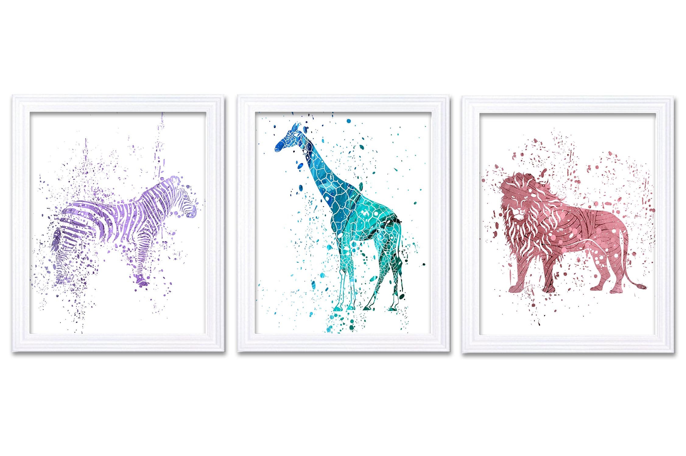 Zebra Lion Giraffe Wall Art Watercolor Painting Prints Set of 3 Blue Purple Salmon Blue Home Safari 