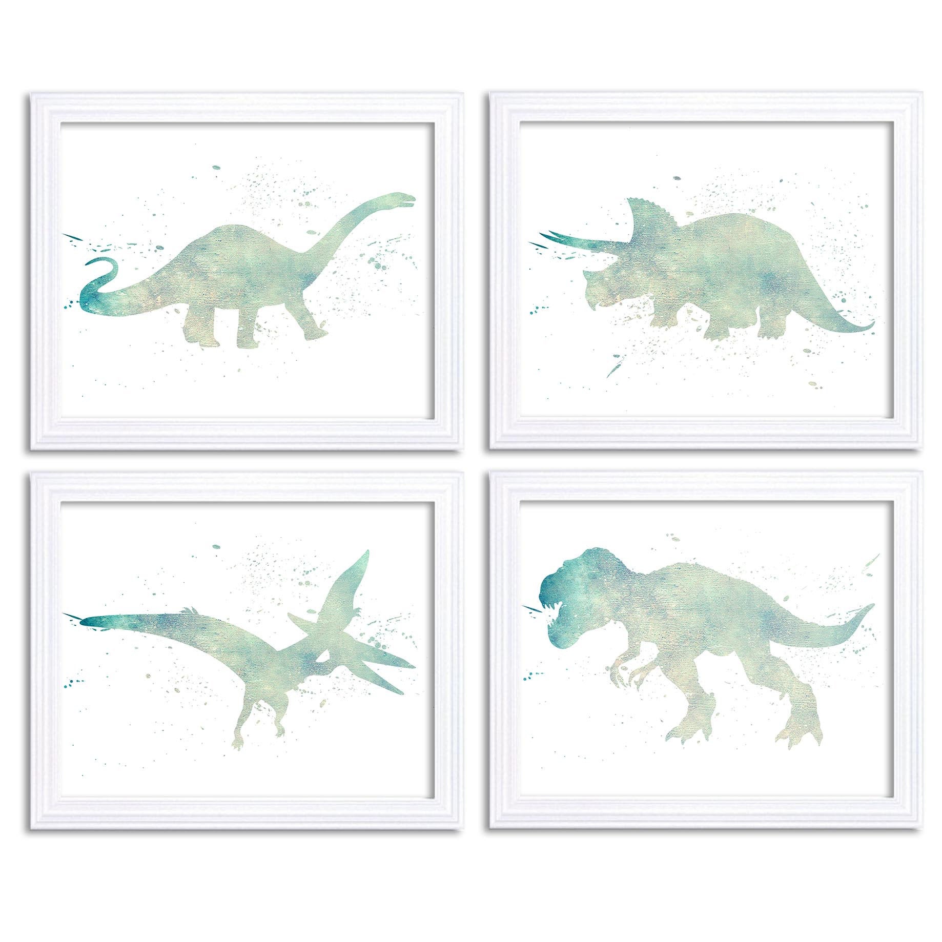 Watercolor Dinosaur Prints Dinosaur Wall Art Set of 4 Icy Turquoise Blue Children Nursery Art Poster