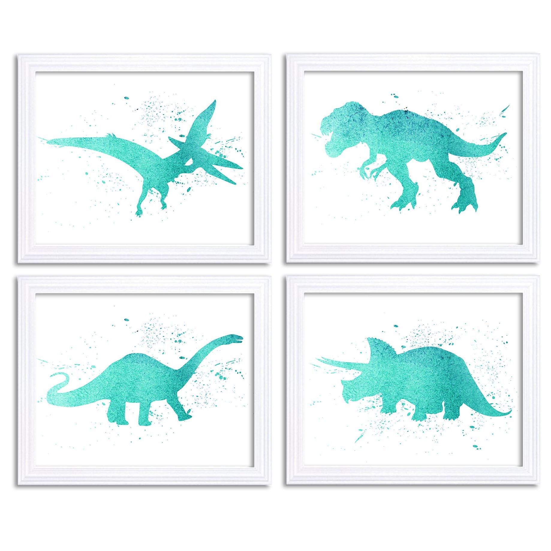 Watercolor Dinosaur Prints Colorful Wall Art Set of 4 Icy Teal Blue Children Nursery Art Poster Home