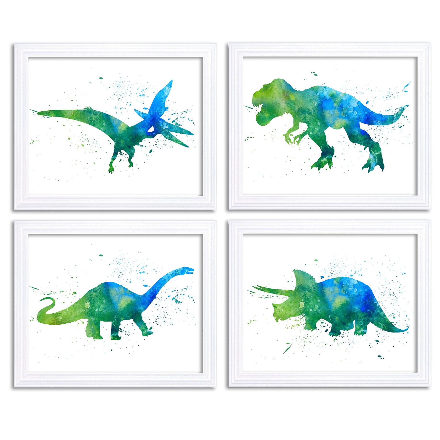 Watercolor Dinosaur Prints Dinosaur Wall Art Set of 4 Children Nursery Art Poster Home Decor Green T