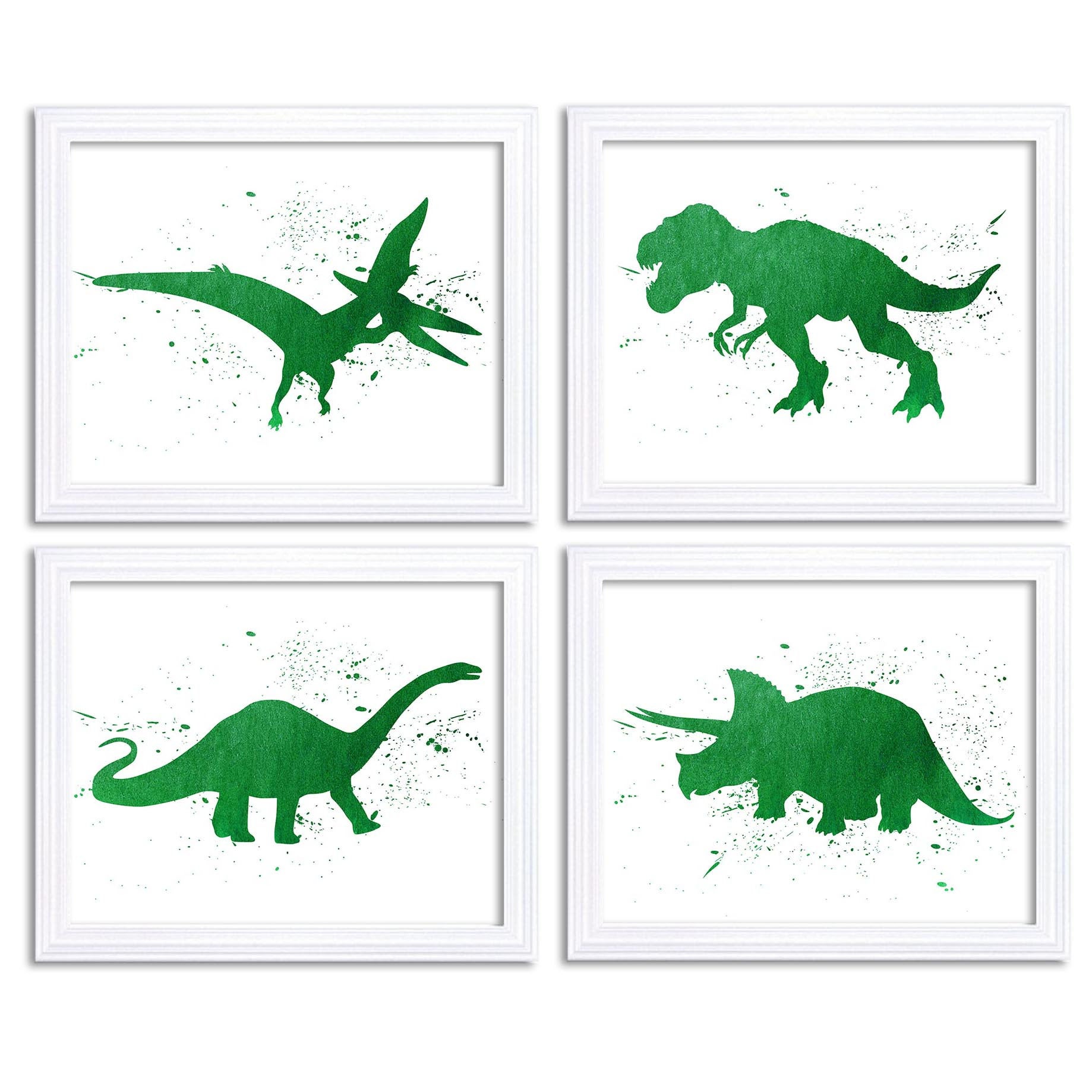 Watercolor Dinosaur Prints Dinosaur Wall Art Set of 4 Emeral Green Children Nursery Art Poster Home 