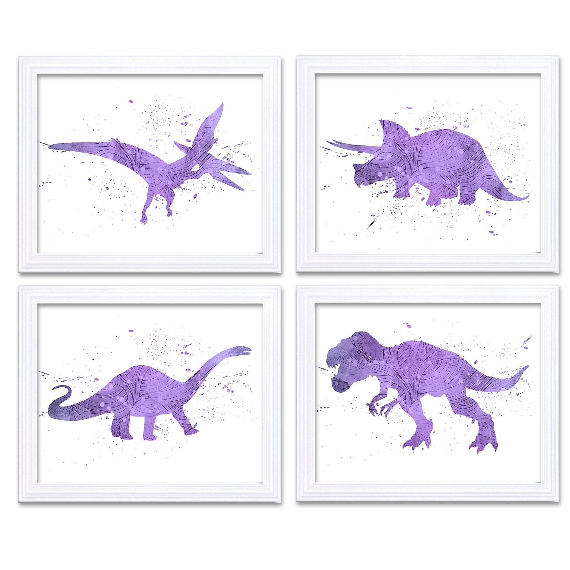 Watercolor Dinosaur Prints Dinosaur Wall Art Set of 4 Lilac Purple Children Nursery Art Poster Home 