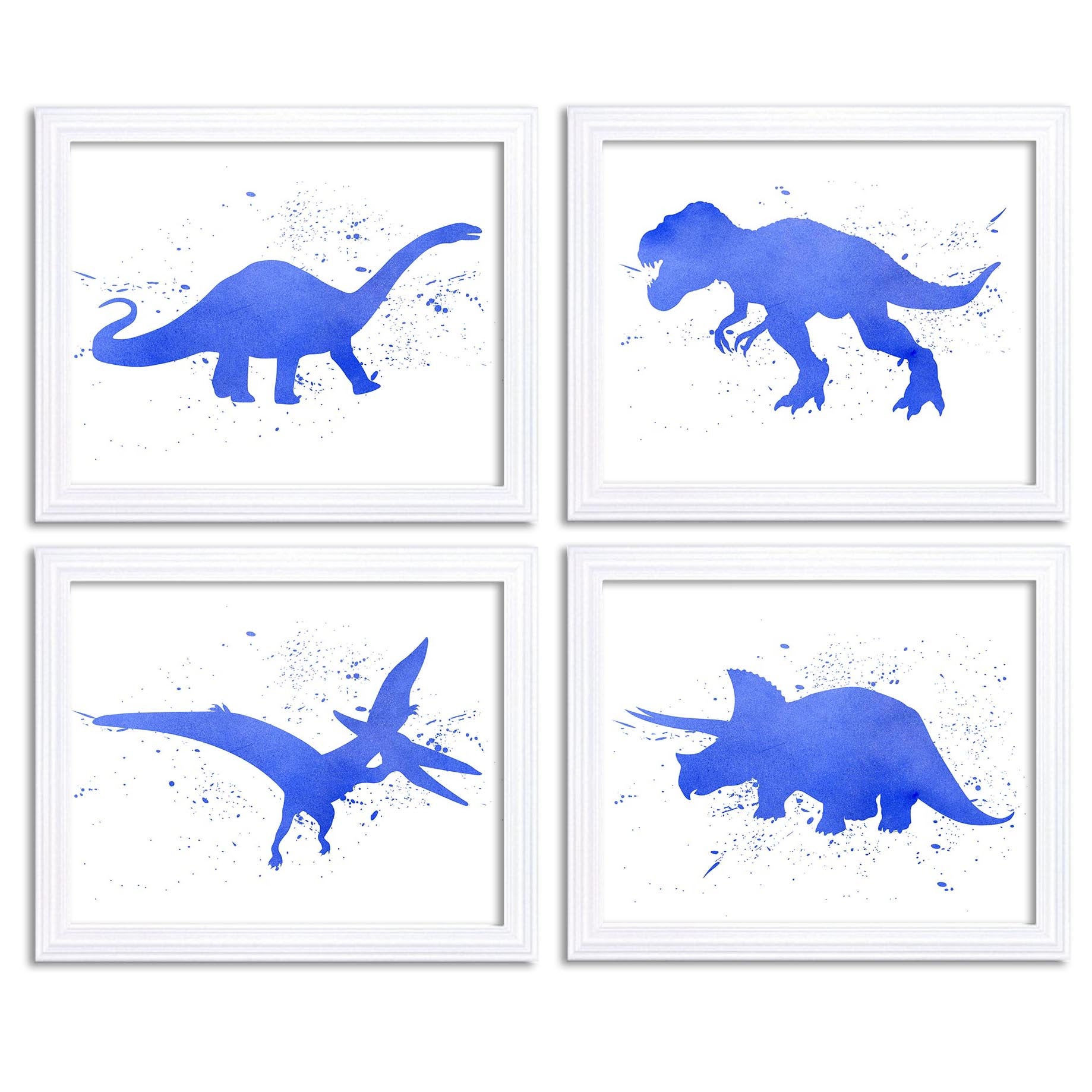 Watercolor Dinosaur Prints Dinosaur Wall Art Set of 4 Royal Blue Children Nursery Art Poster Home De