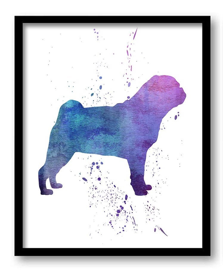 Pug Dog Watercolor Art Painting Print Poster Dog Art Painting Dog Breeds Home Decor Wall Art Pink Bl