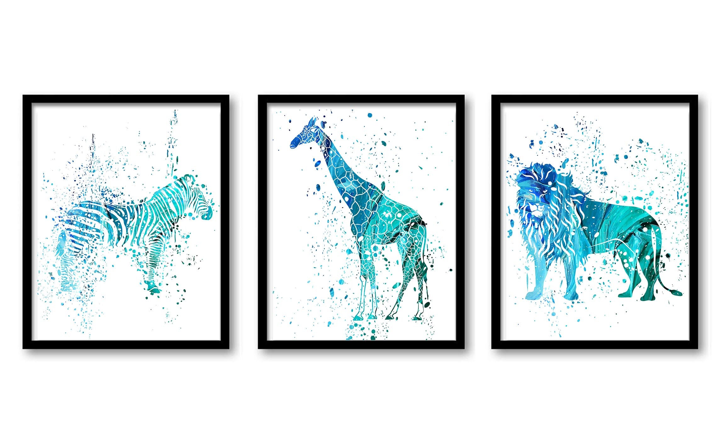 Zebra Lion Giraffe Wall Art Watercolor Painting Prints Set of 3 Teal Turquoise Blue Home Safari Home