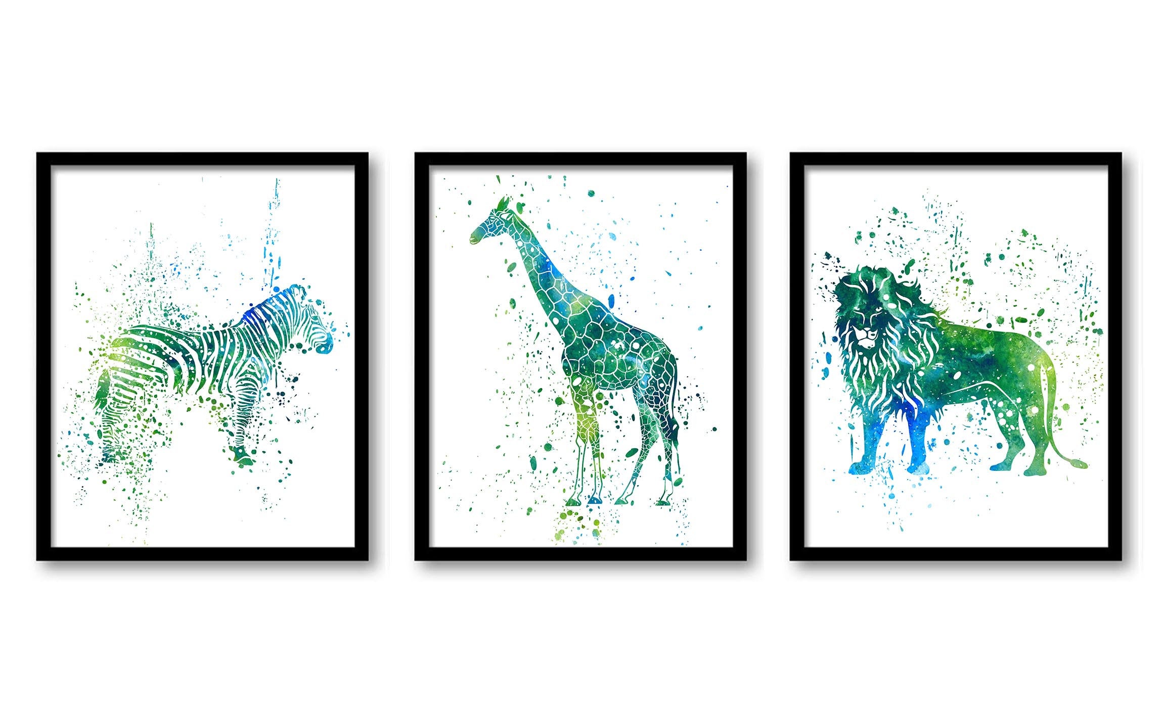 Zebra Lion Giraffe Wall Art Watercolor Painting Prints Set of 3 Green Blue Yellow Home Safari Home D