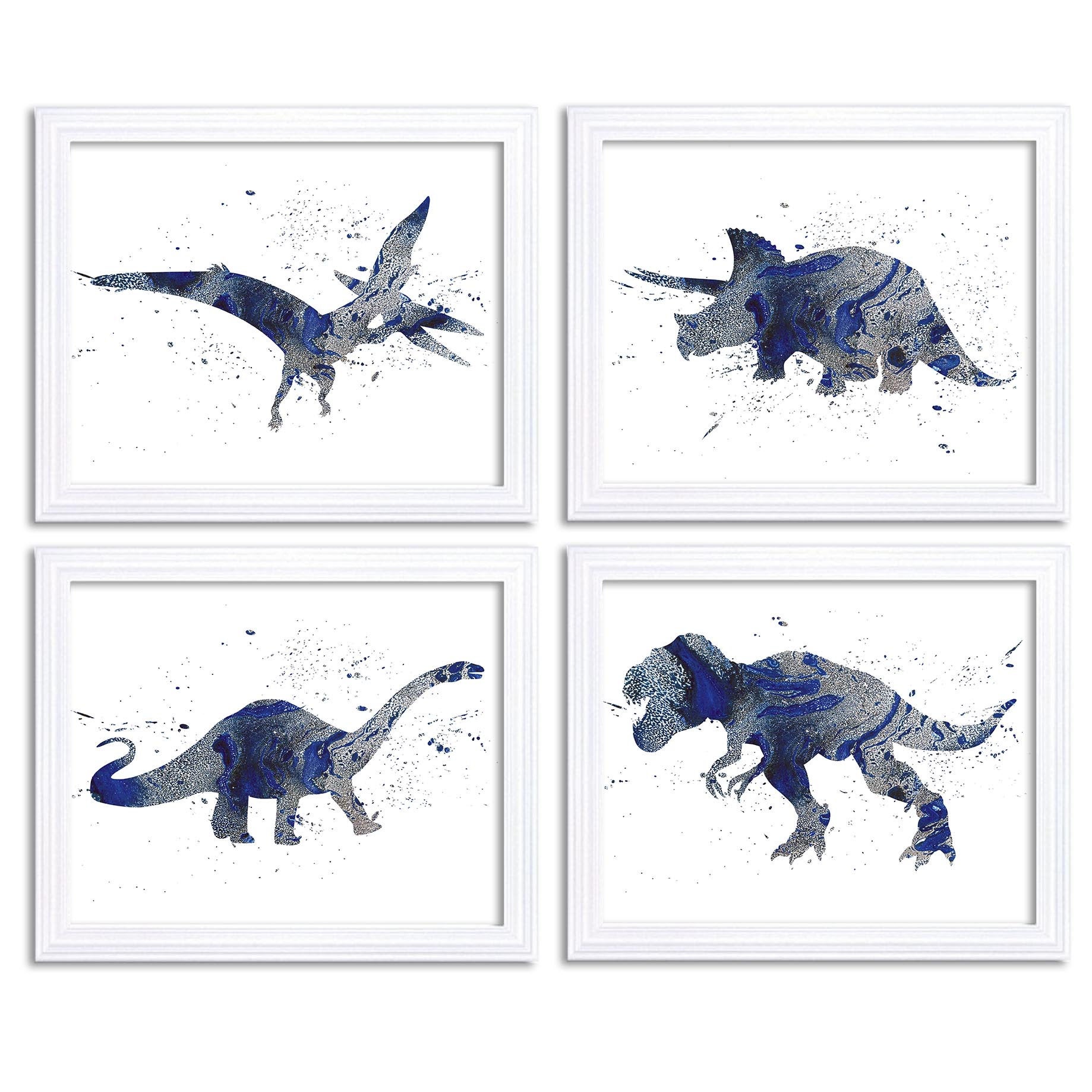 Watercolor Dinosaur Prints Dinosaur Wall Art Set of 4 Navy Blue Silver Grey Children Nursery Art Pos