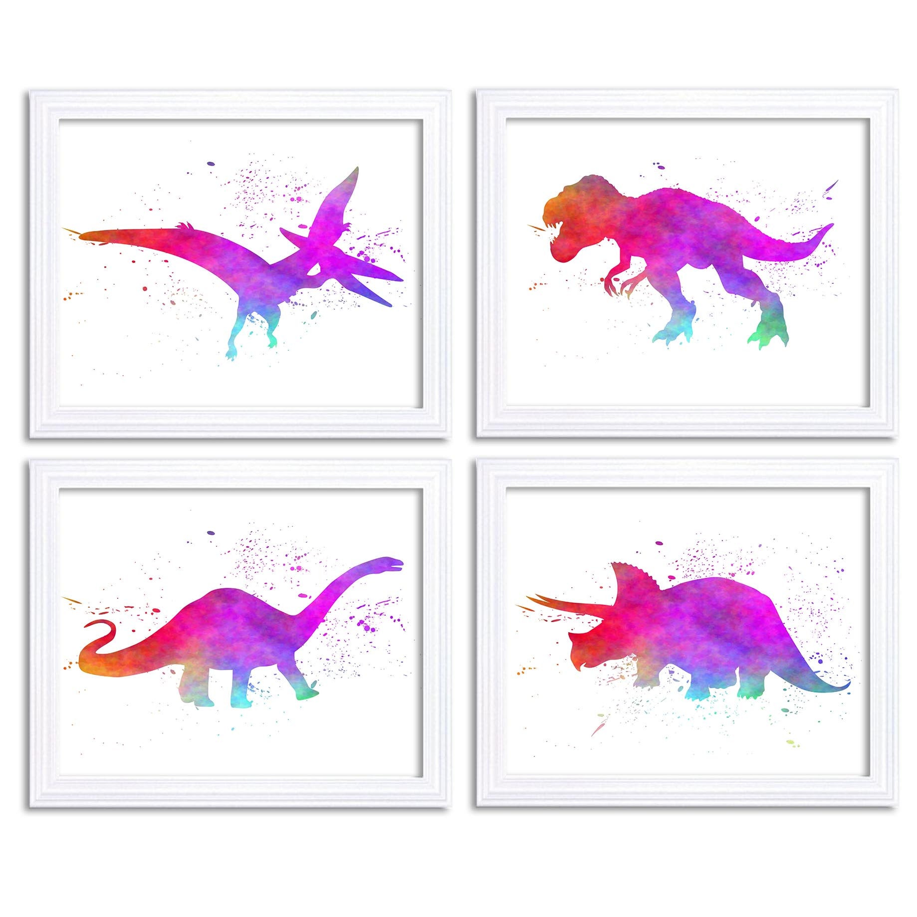 Watercolor Dinosaur Prints Wall Art Set of 4 Purple Red Blue Orange Children Nursery Art Poster Home