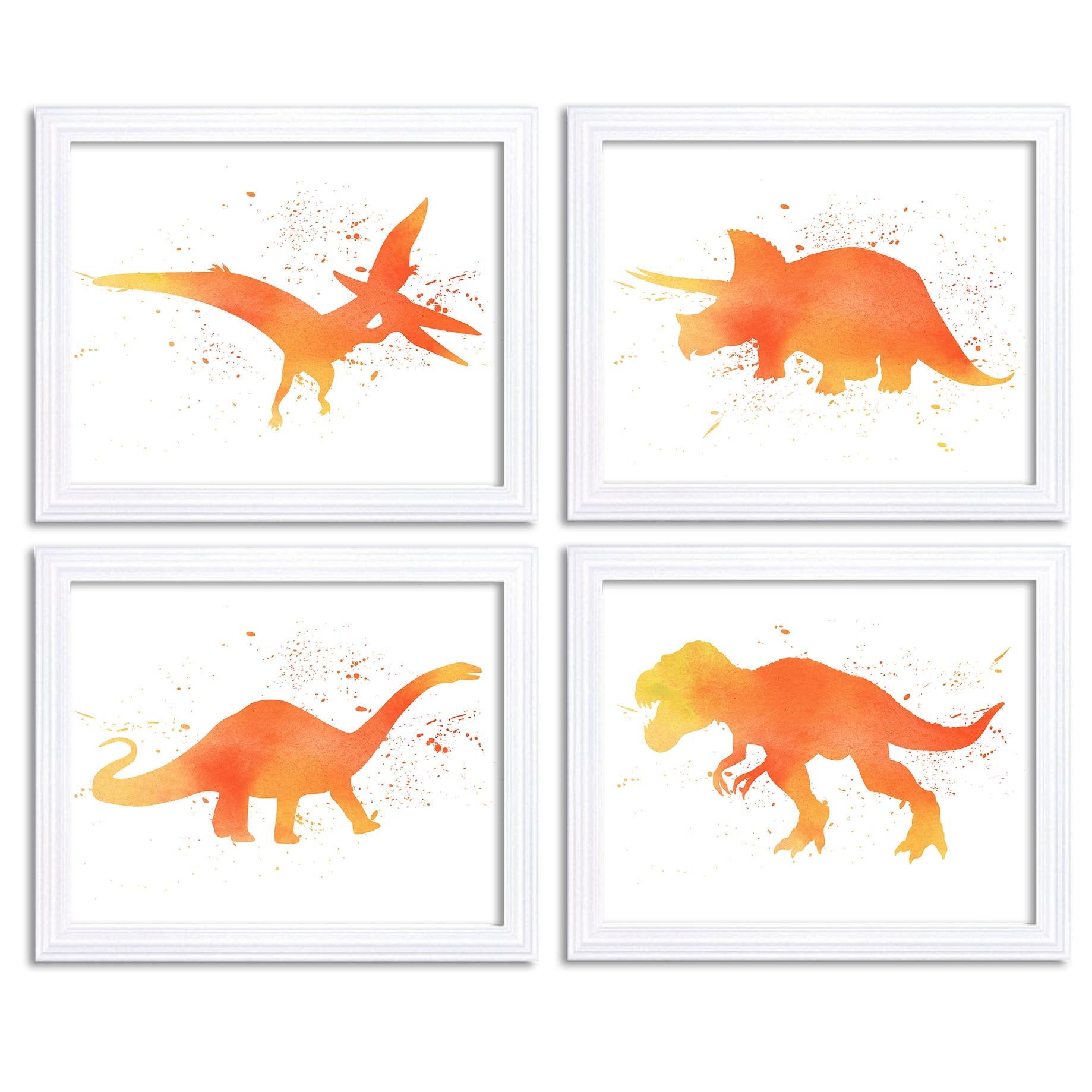 Watercolor Dinosaur Prints Dinosaur Wall Art Set of 4 Orange Coral Yellow Children Nursery Art Poste