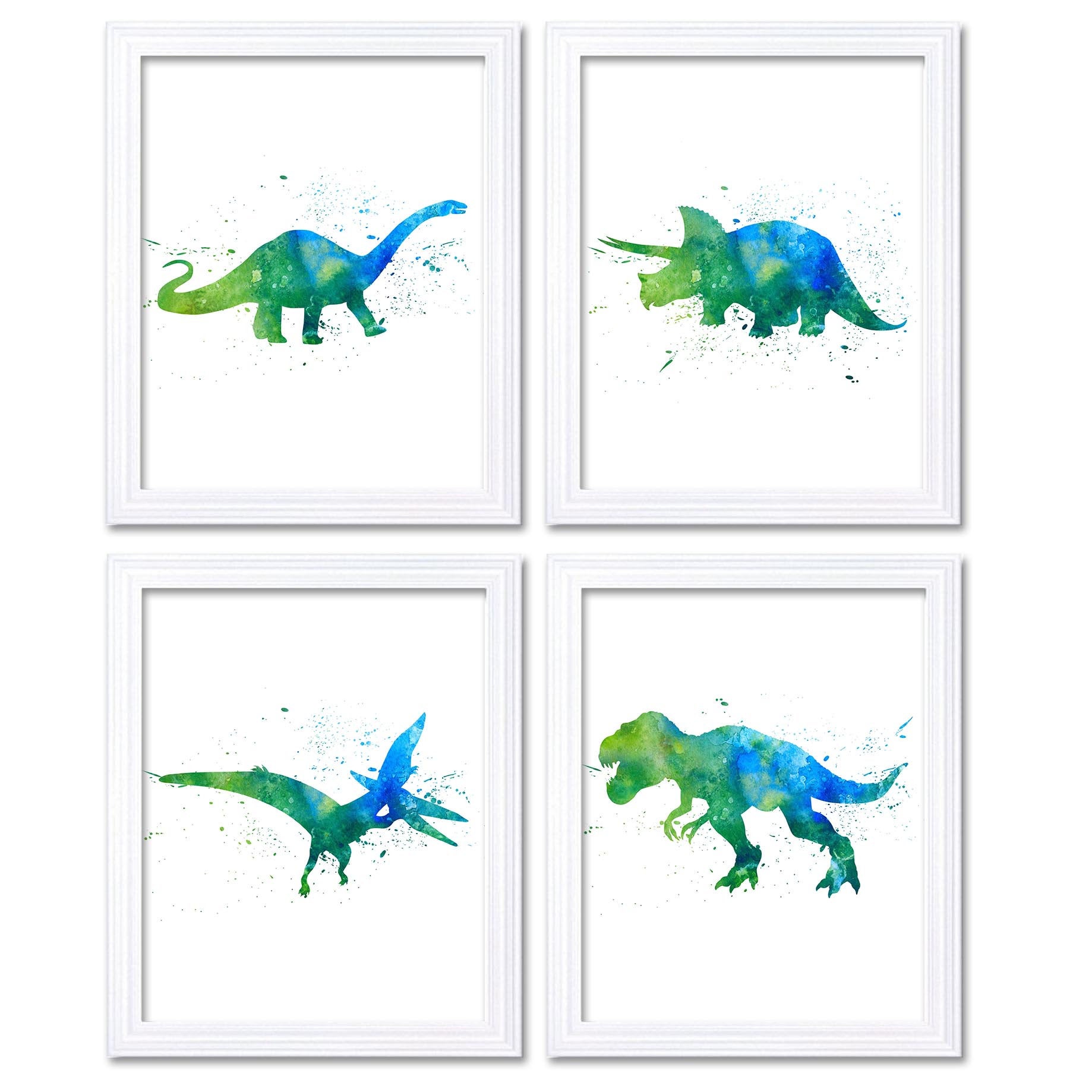 Watercolor Dinosaur Prints Portrait Dinosaur Wall Art Set of 4 Children Nursery Poster Green Turquoi