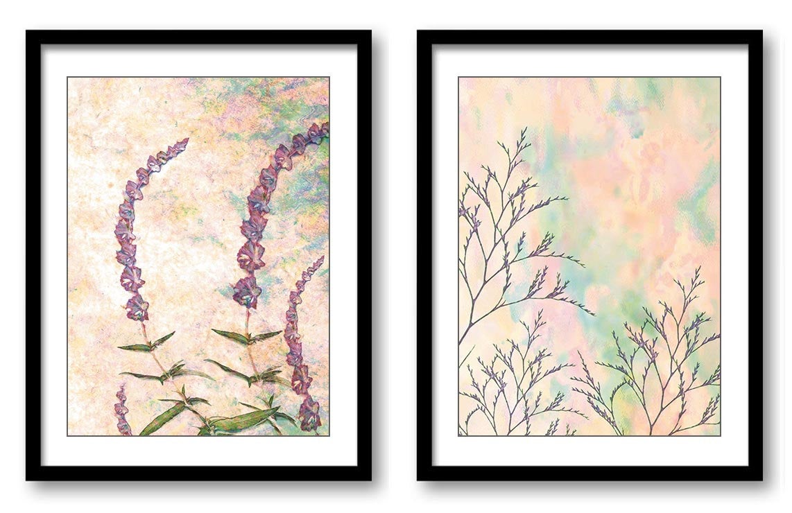 Lavender Flower Field Bathroom Art Print Brown Beige Purple Colorful Set of 2 Brown Elegant Watercol