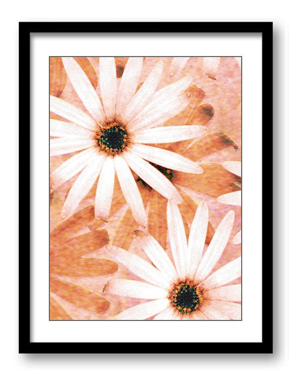 White Brown Beige Daisy Flower Bathroom Art Print Brown Peach Coral Elegant Bathroom Wall Decor Flow