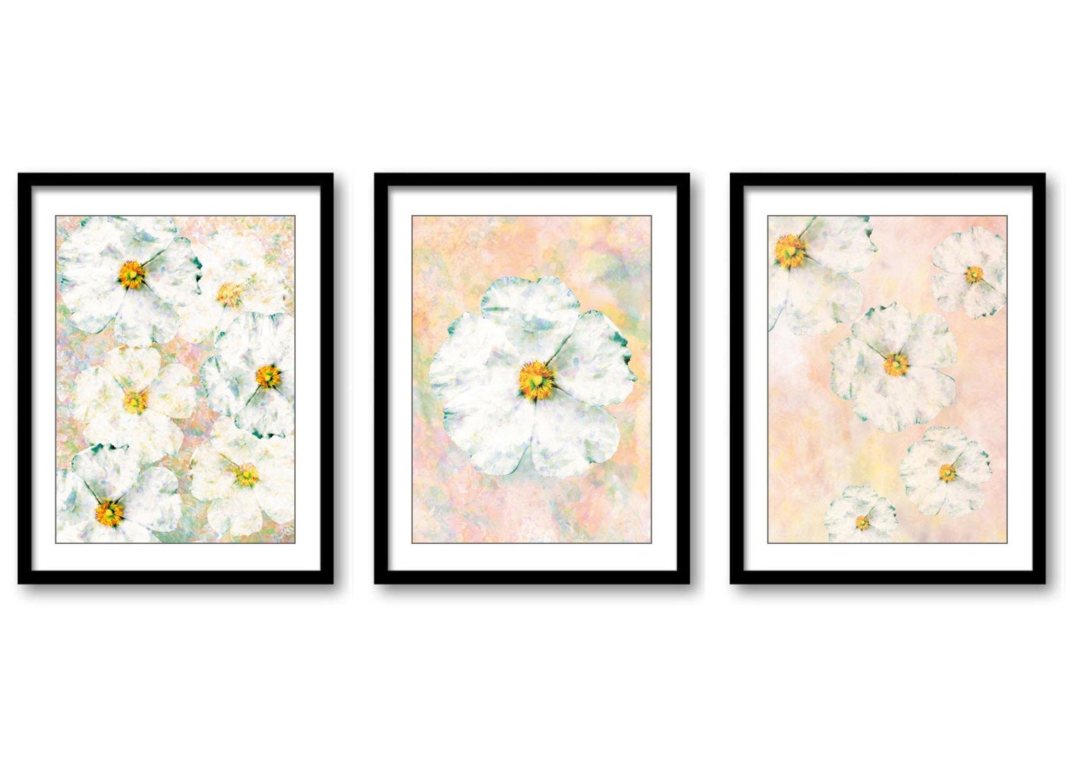 White Flower Bathroom Art Print Beige Cream Brown Set of 3 Brown Elegant Watercolor Painting Wall De