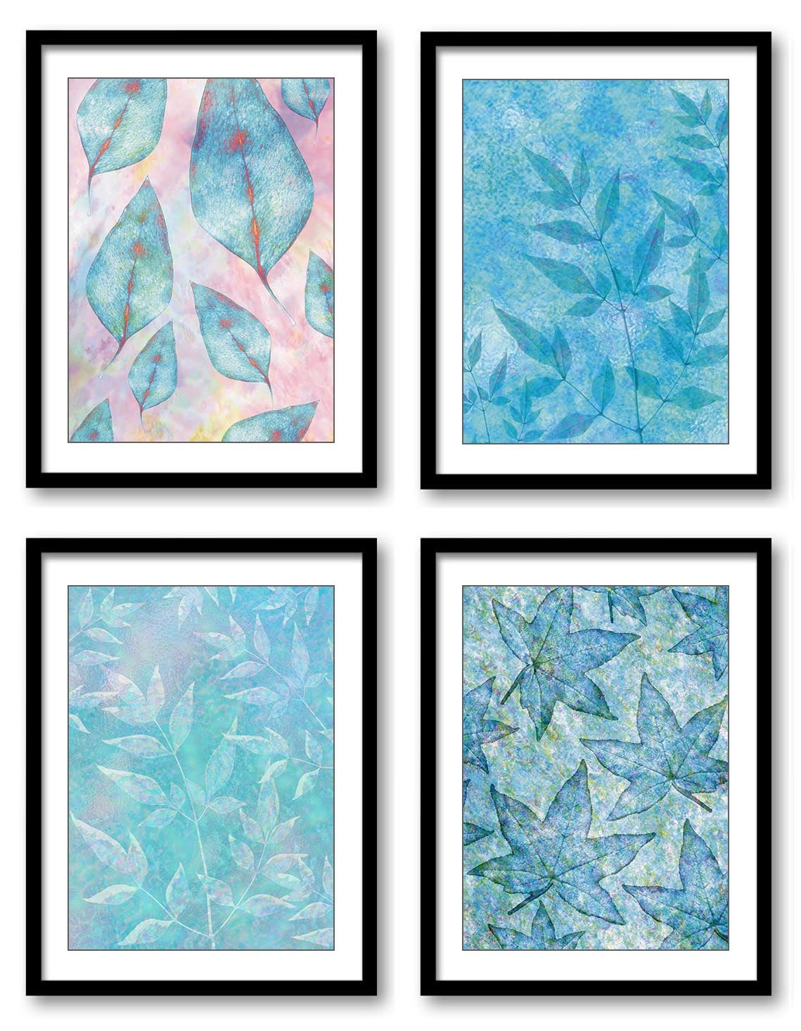 Blue Teal Turquoise Leaves Leaf Branch Branches Bathroom Art Print Set of 4 Elegant Watercolor Paint