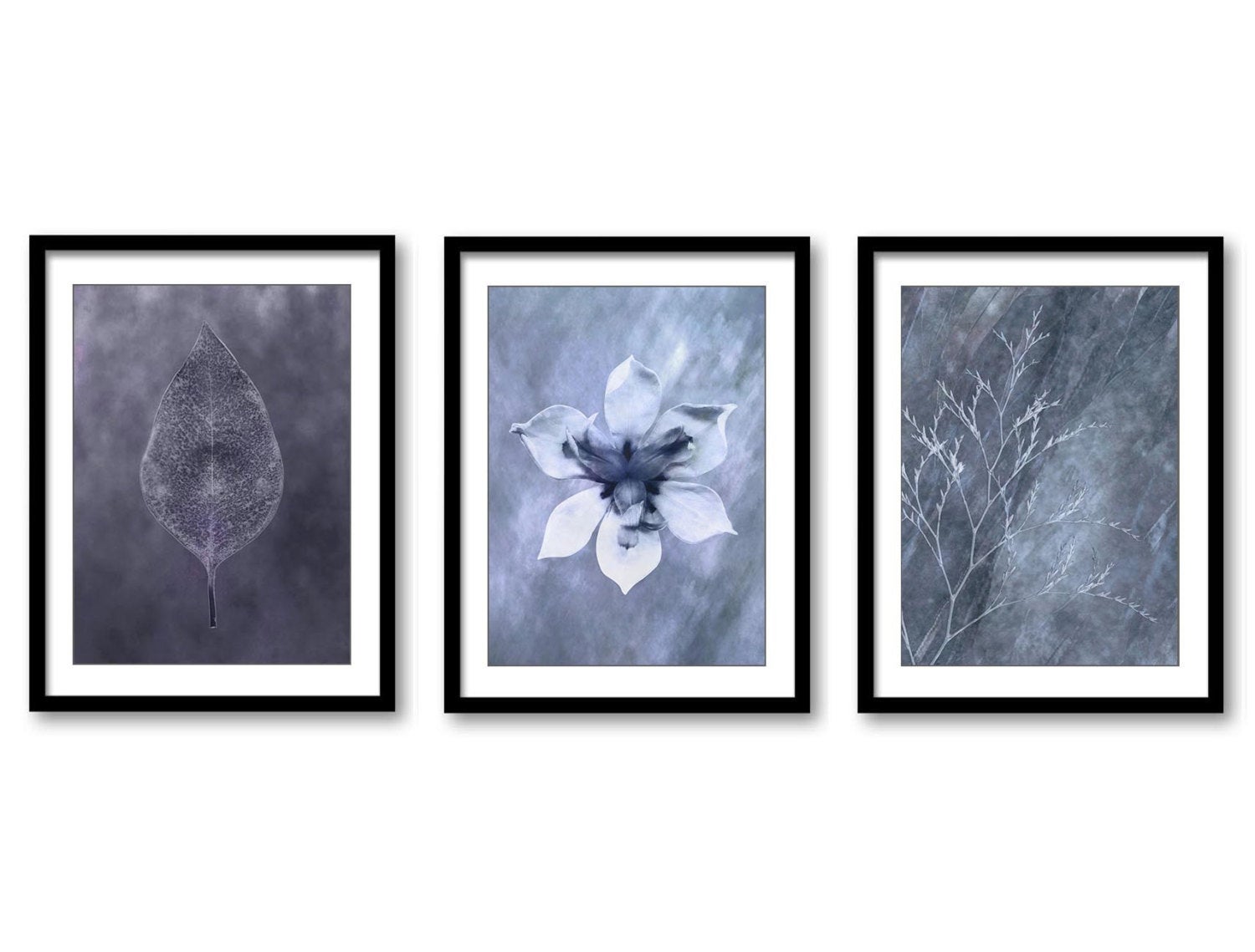 Grey Orchid Flower Leaf Branch Botanical Bathroom Gray White Set of 3 Elegant Watercolor Painting Wa