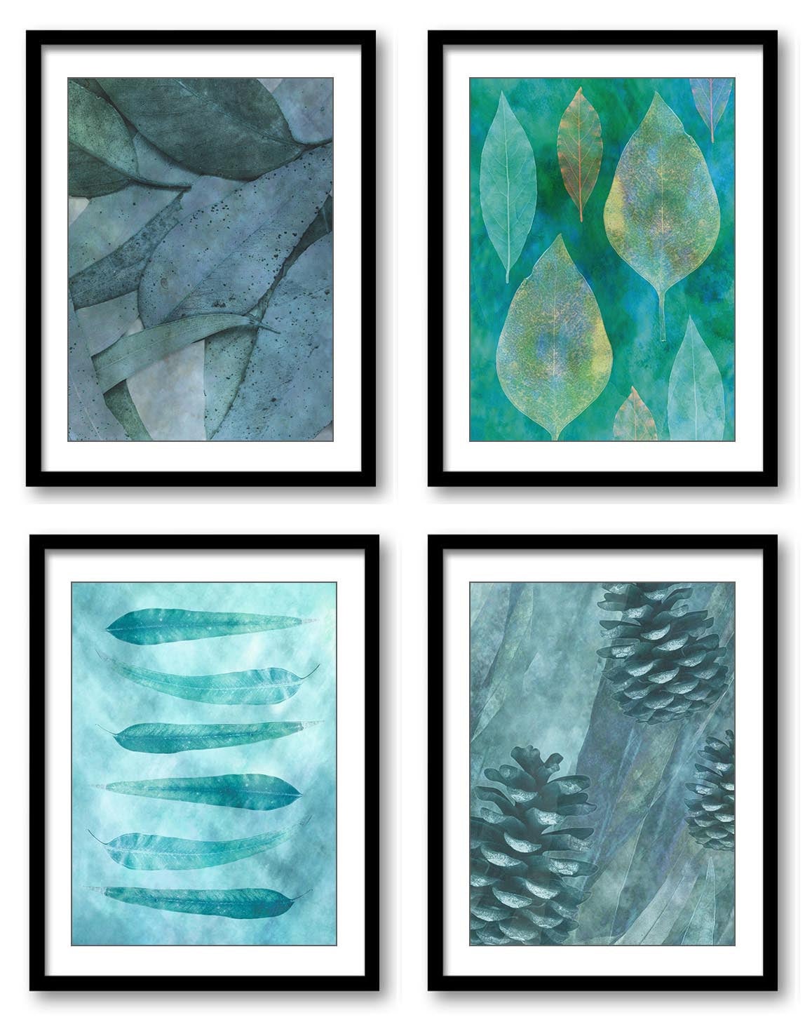 Teal Green Leaves Leaf Pinecone Bathroom Art Print Colorful Set of 4 Elegant Watercolor Painting Wal