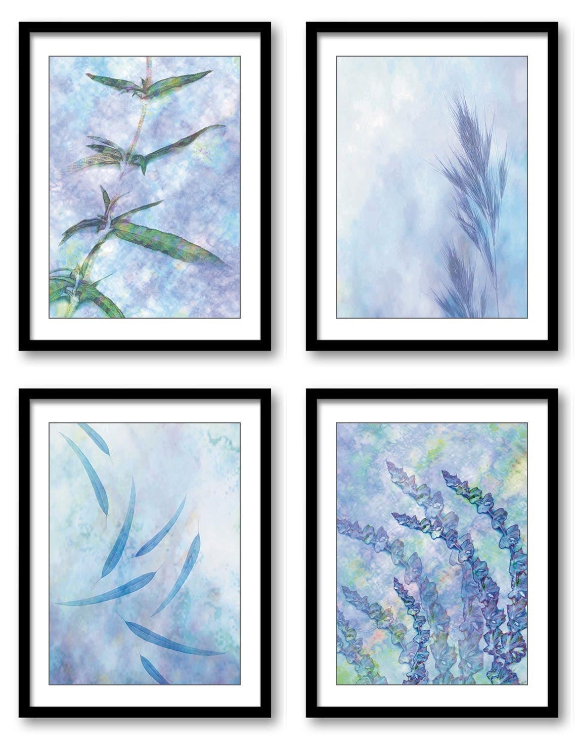 Blue Lavender Flower Wheat Field Bathroom Art Print Brown Purple Colorful Set of 4 Watercolor Painti