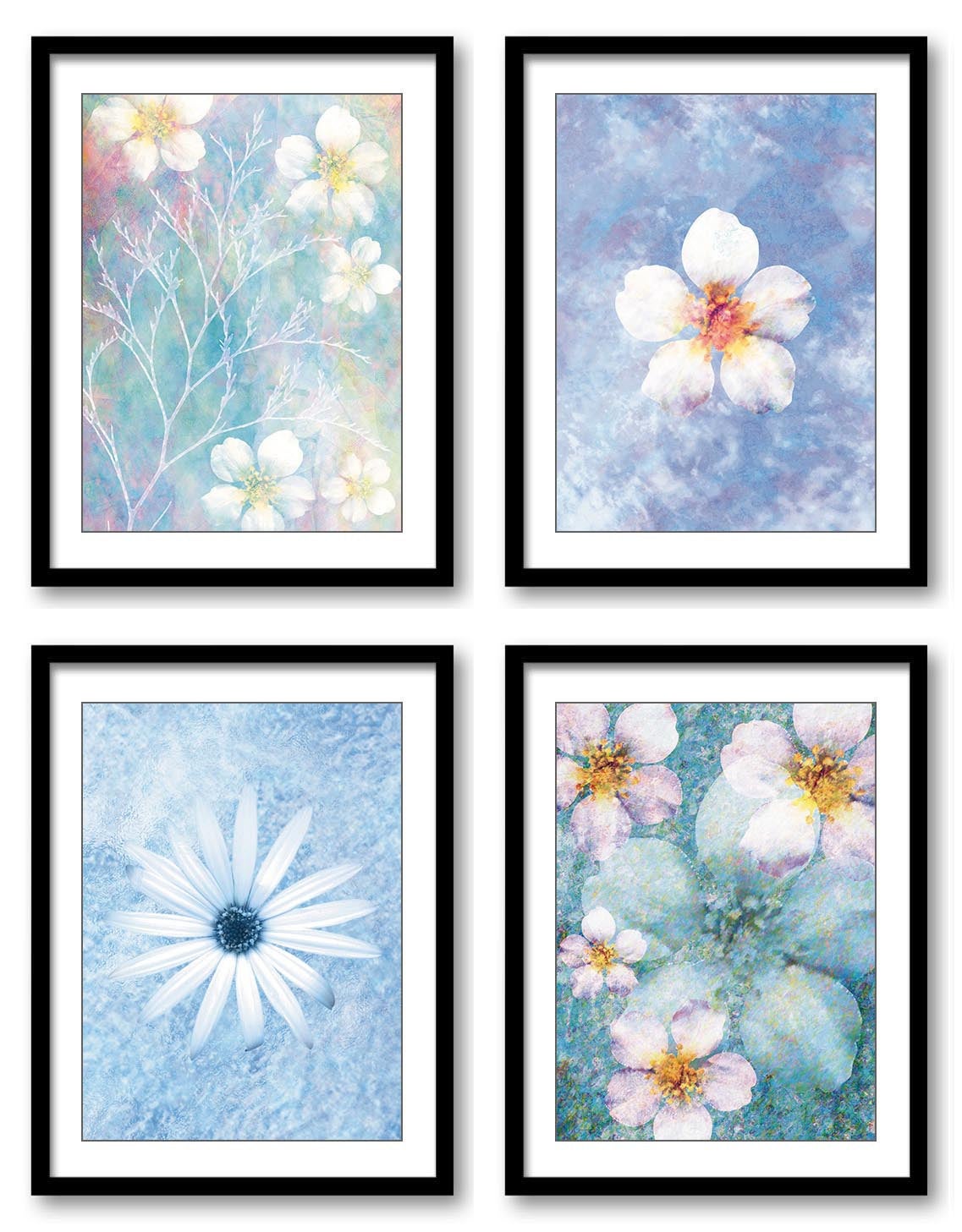 White Blue Flowers Bathroom Art Print Colorful Set of 4 Elegant Watercolor Painting Wall Decor Bedro